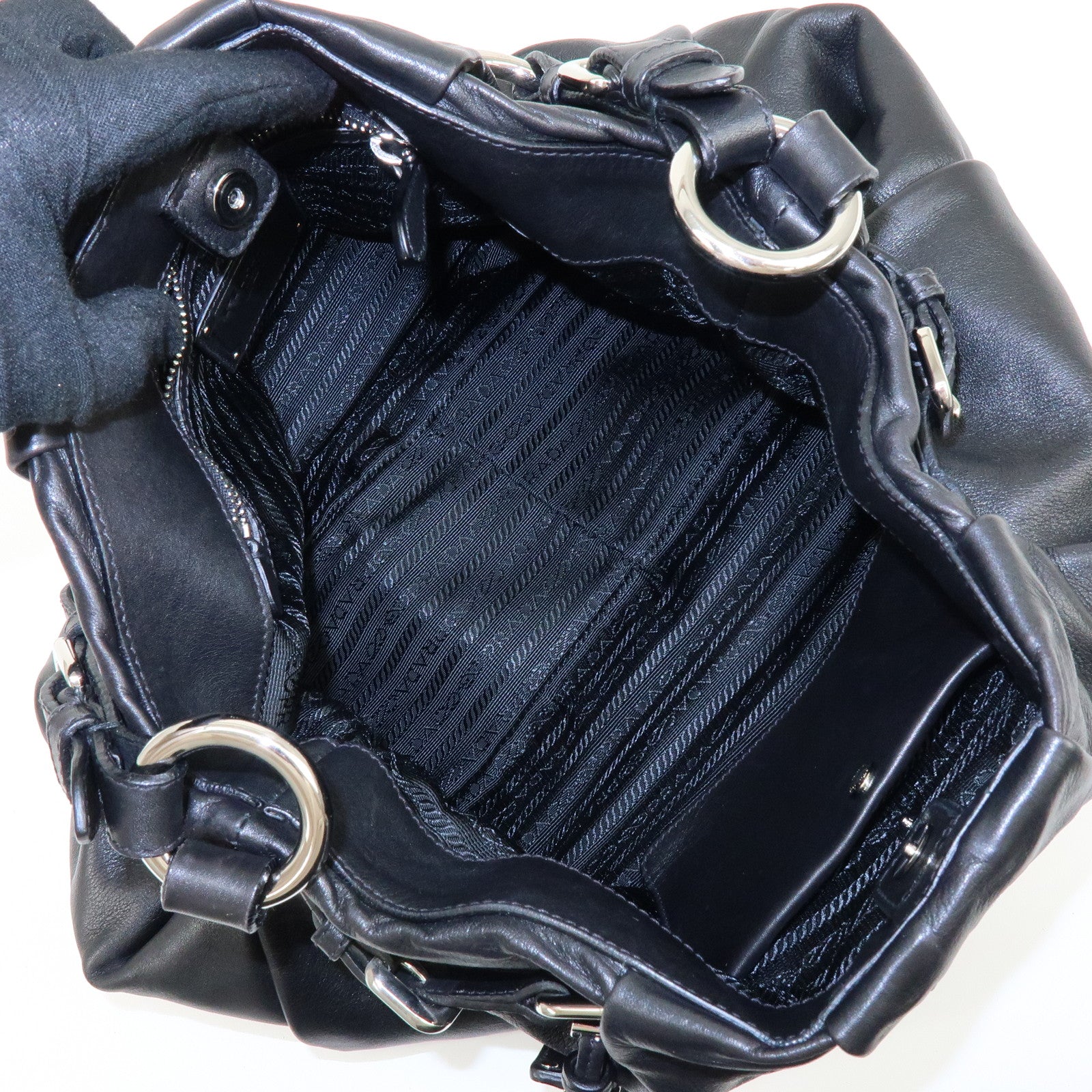 PRADA Logo Soft Calf Leather Side Belted Shoulder Bag Black BR3975