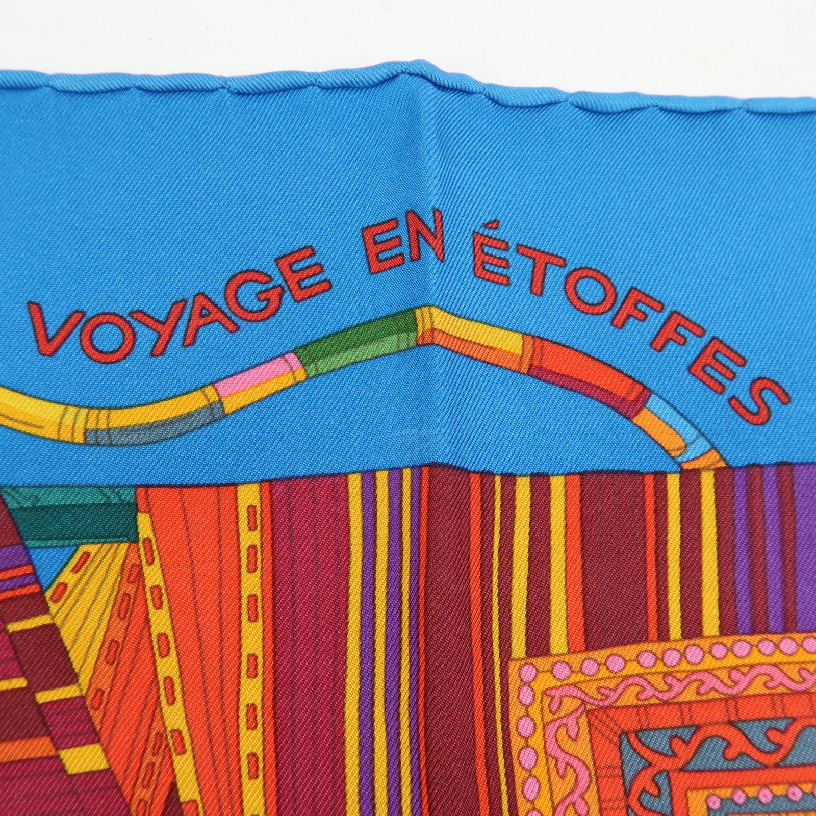 HERMES Carre 90 Silk 100% Scarf VOYAGE EN ETOFFES Blue Orange Pink