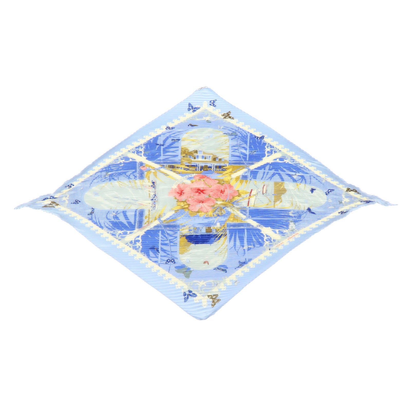 HERMES Pleats Carre Silk 100% Scarf VARANGUES Blue Pink