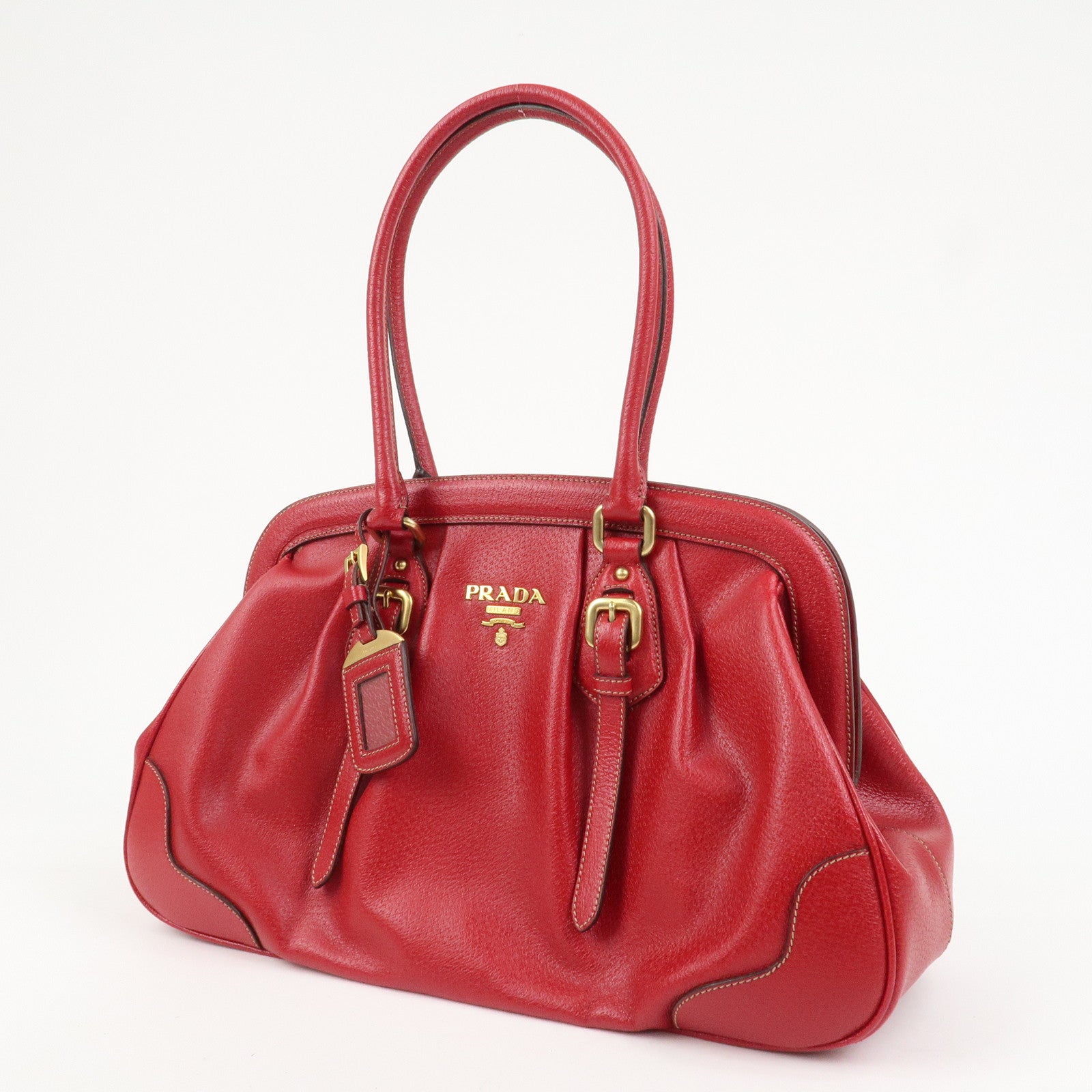 PRADA Logo Leather Hand Bag Shoulder Bag Red BR3508