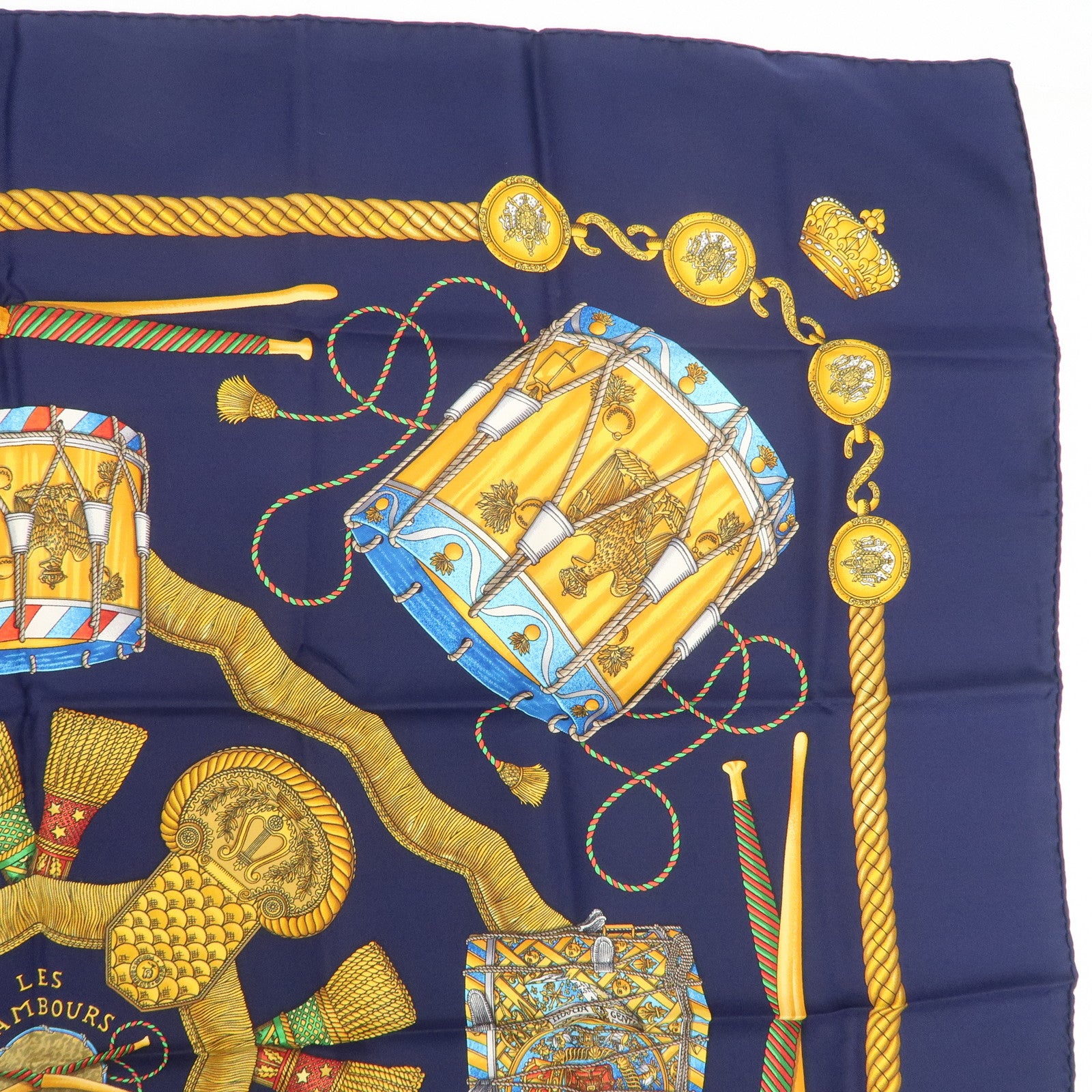 HERMES Carre 90 Silk 100% LES TAMBOURS Scarf Navy Gold