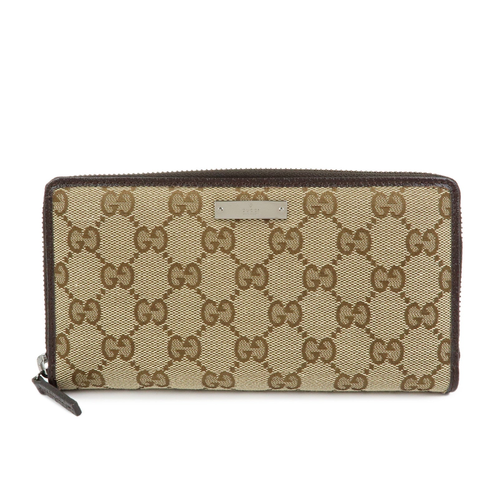 GUCCI GG Canvas Leather Round Zippy Long Wallet Beige Brown 112724
