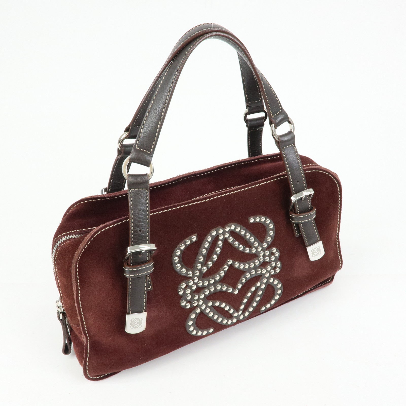 LOEWE Anagram Suede Leather Studs Hand Bag Bordeaux