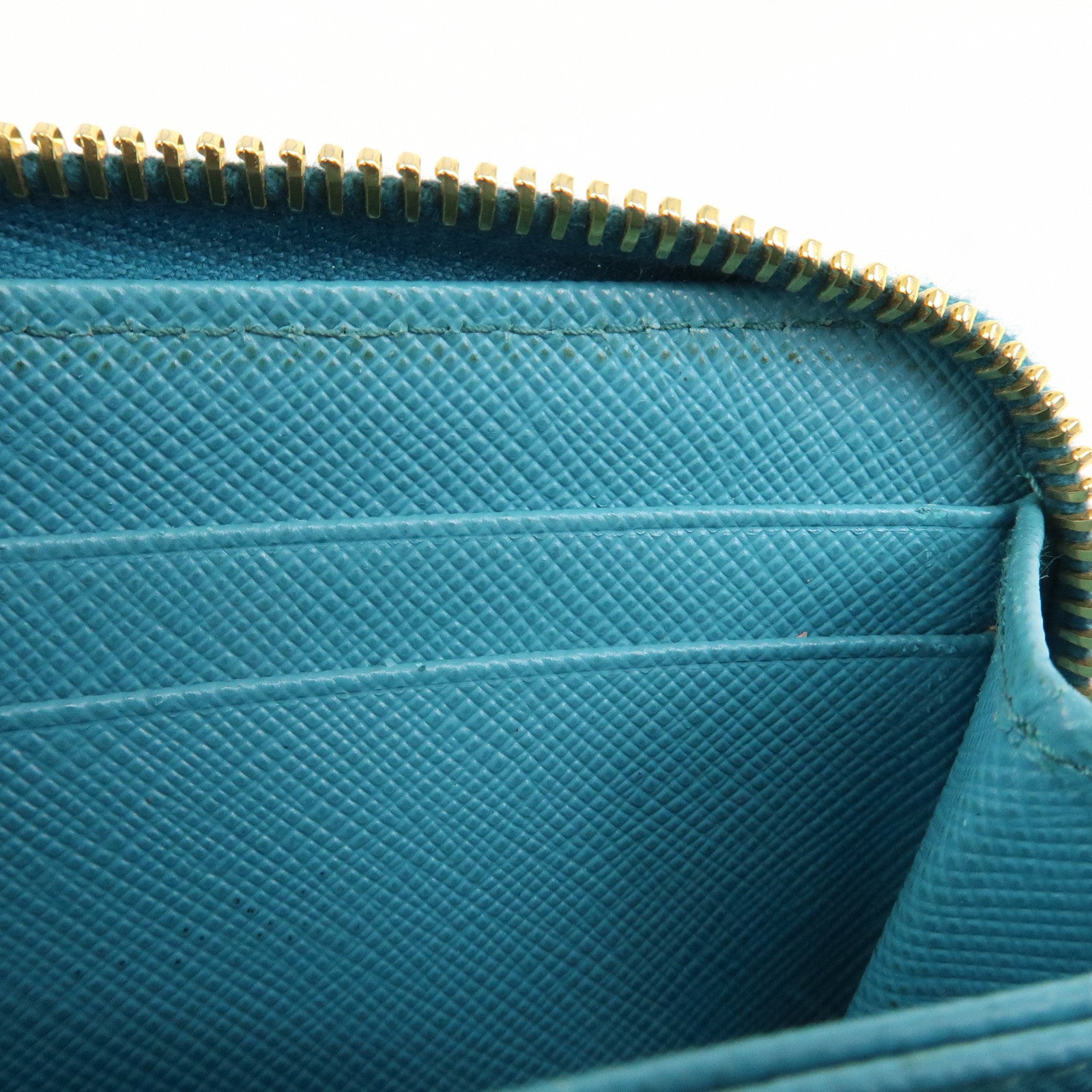 PRADA Logo Saffiano Leather Round Zippy Small Wallet Blue 1MM268 Used