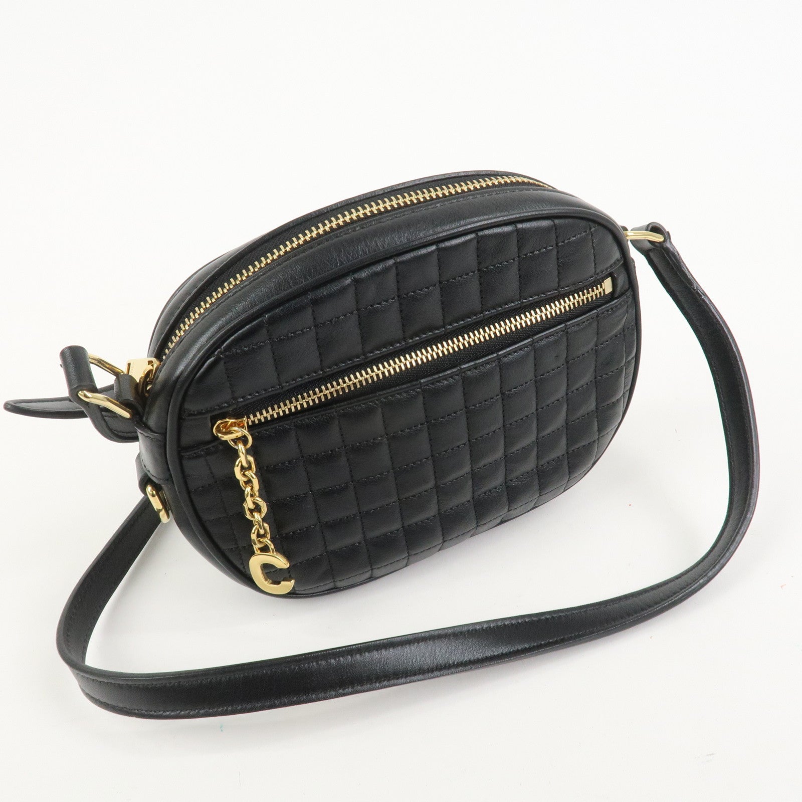 CELINE Calf Leather Shoulder Bag Crossbody Bag Black C Charm