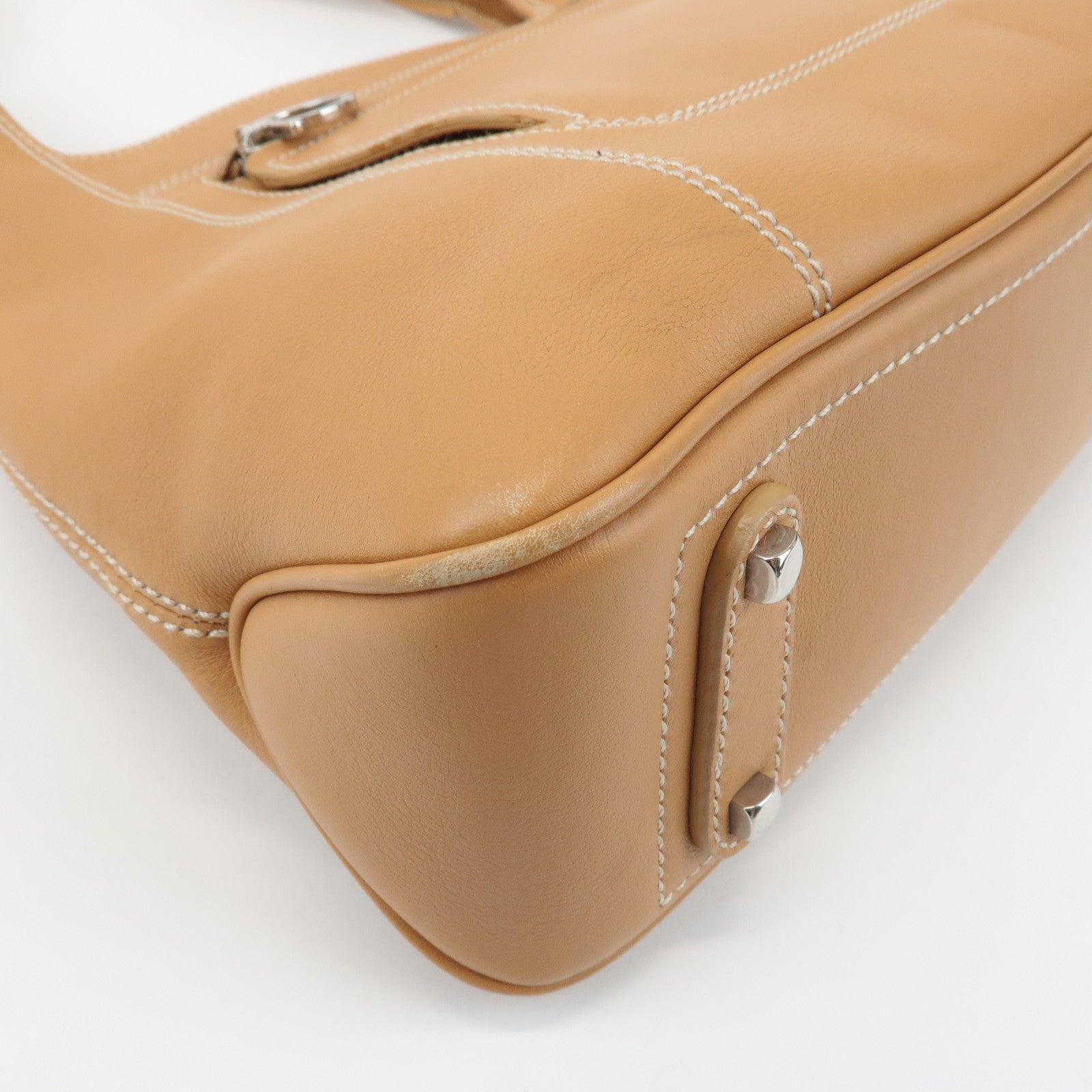 Ferragamo Gancini Leather Shoulder Bag Light Brown Silver HDW Used