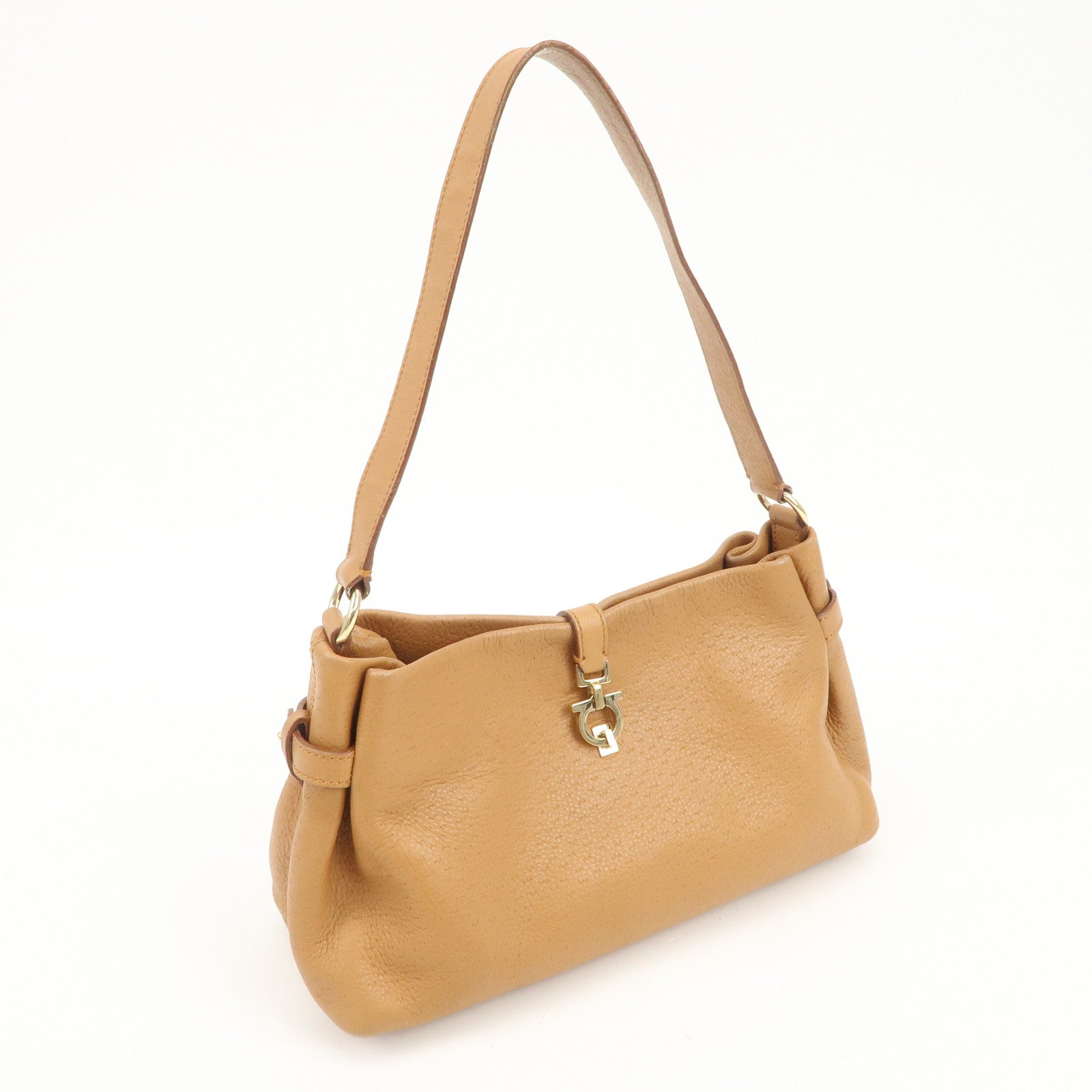 Ferragamo Gancini Leather Shoulder Bag Hand Bag Brown Gold