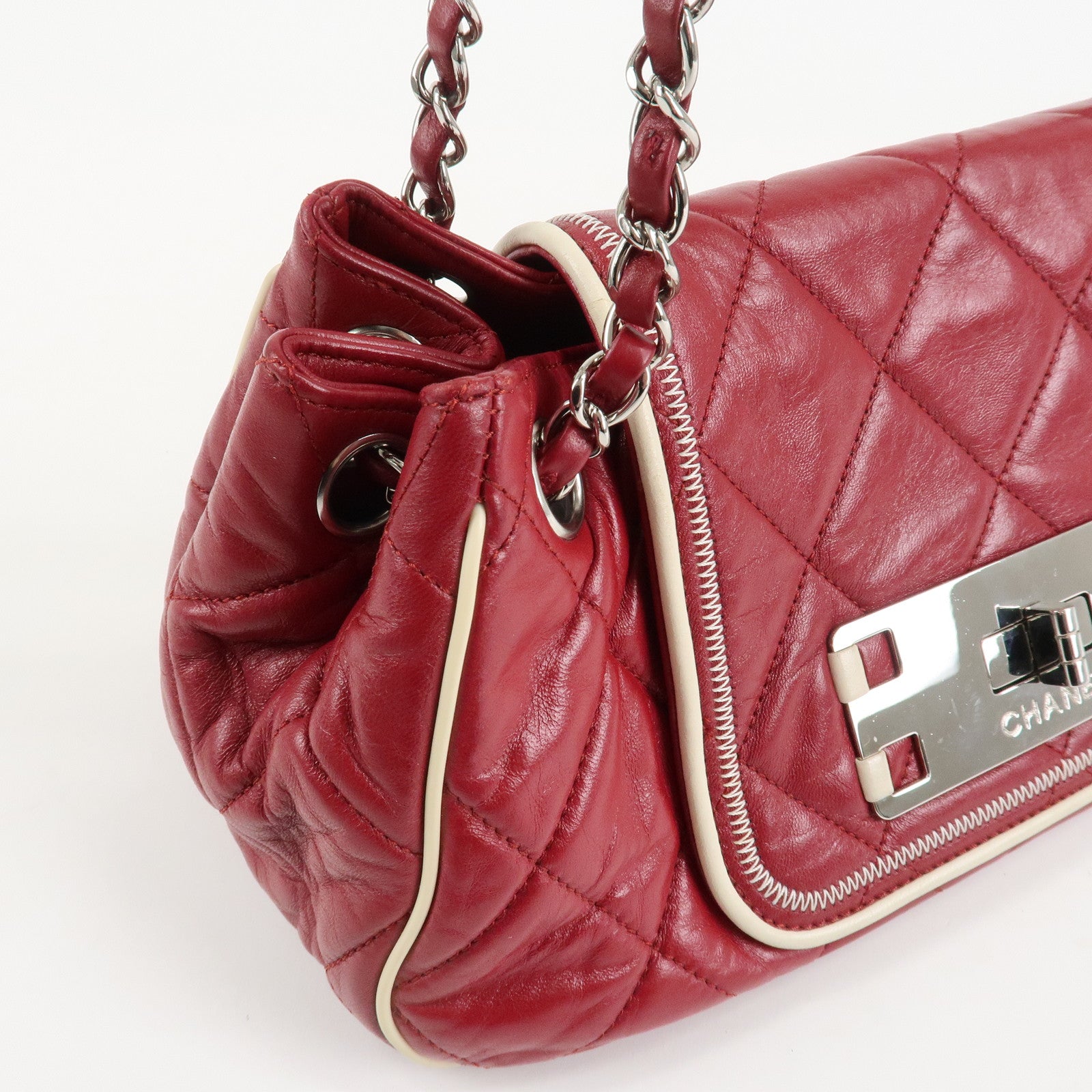 CHANEL 2.55 Lamb Skin Leather Chain Shoulder Bag Red Used