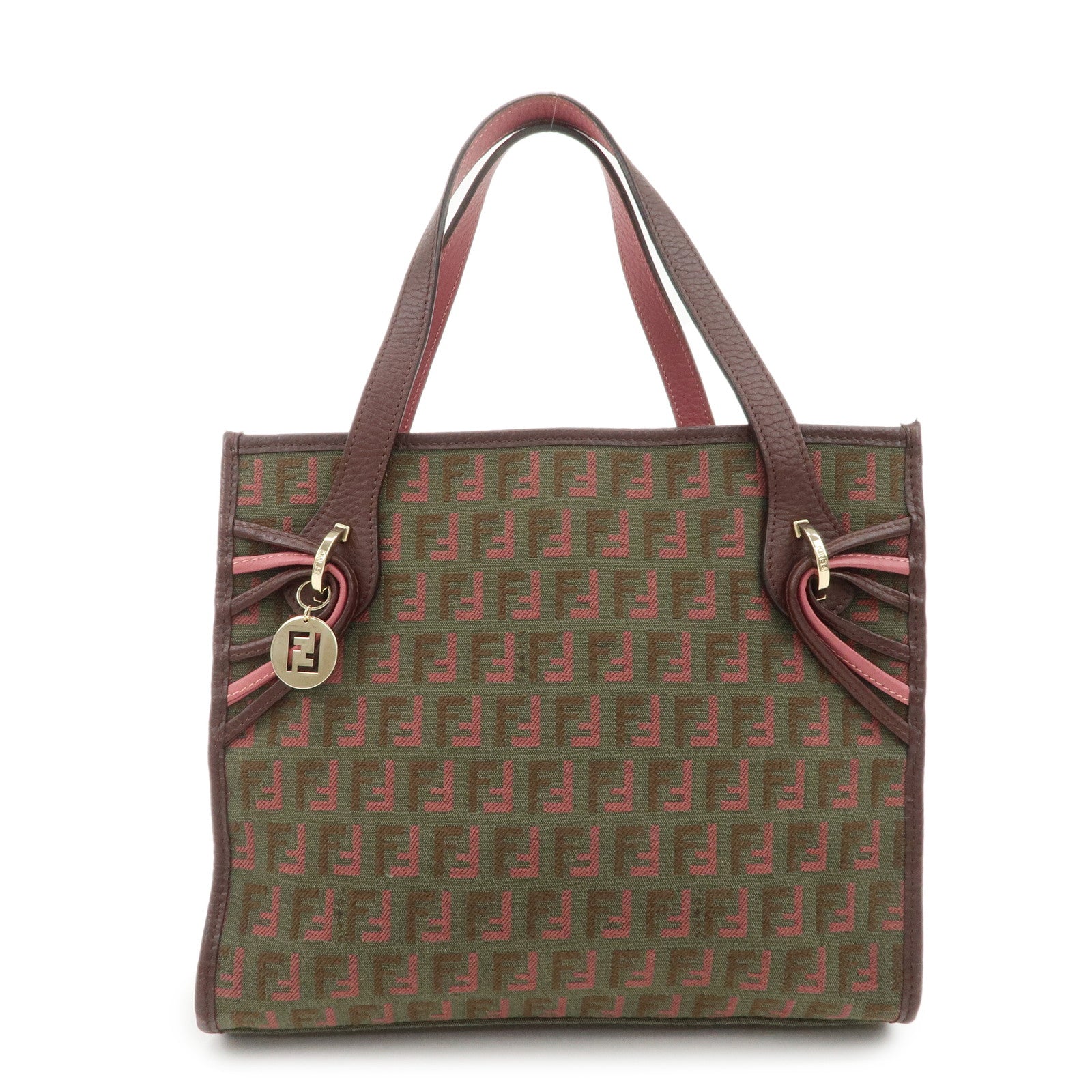 FENDI Zucchino Leather Canvas Hand Bag Khaki Bordeaux