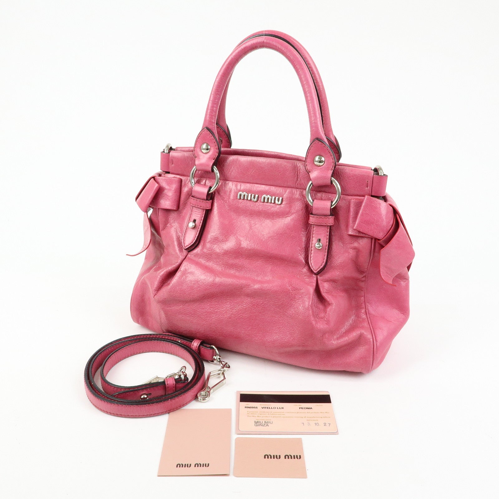 MIU MIU Vitello Lux 2Way Ribbon Motif Bag Hand Bag Pink RN0955
