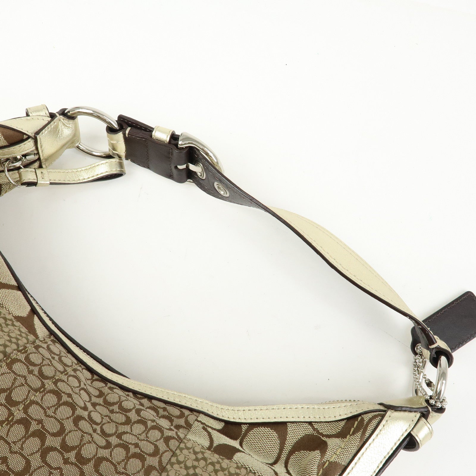 COACH Signature Patchwork Canvas Leather Shoulder Bag Beige Gold