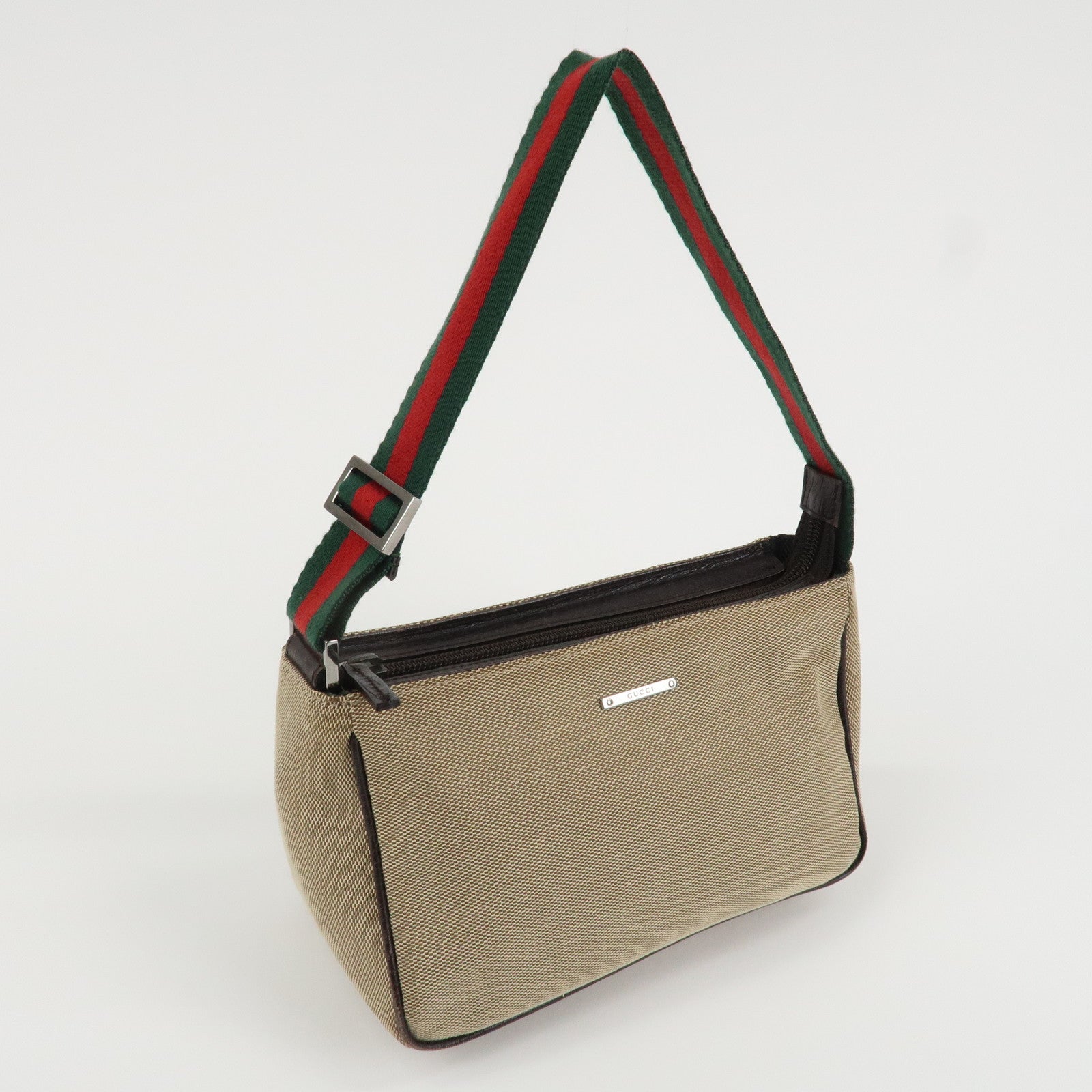 GUCCI Sherry Canvas Leather Pouch Hand Bag Beige Brown 106644 Used