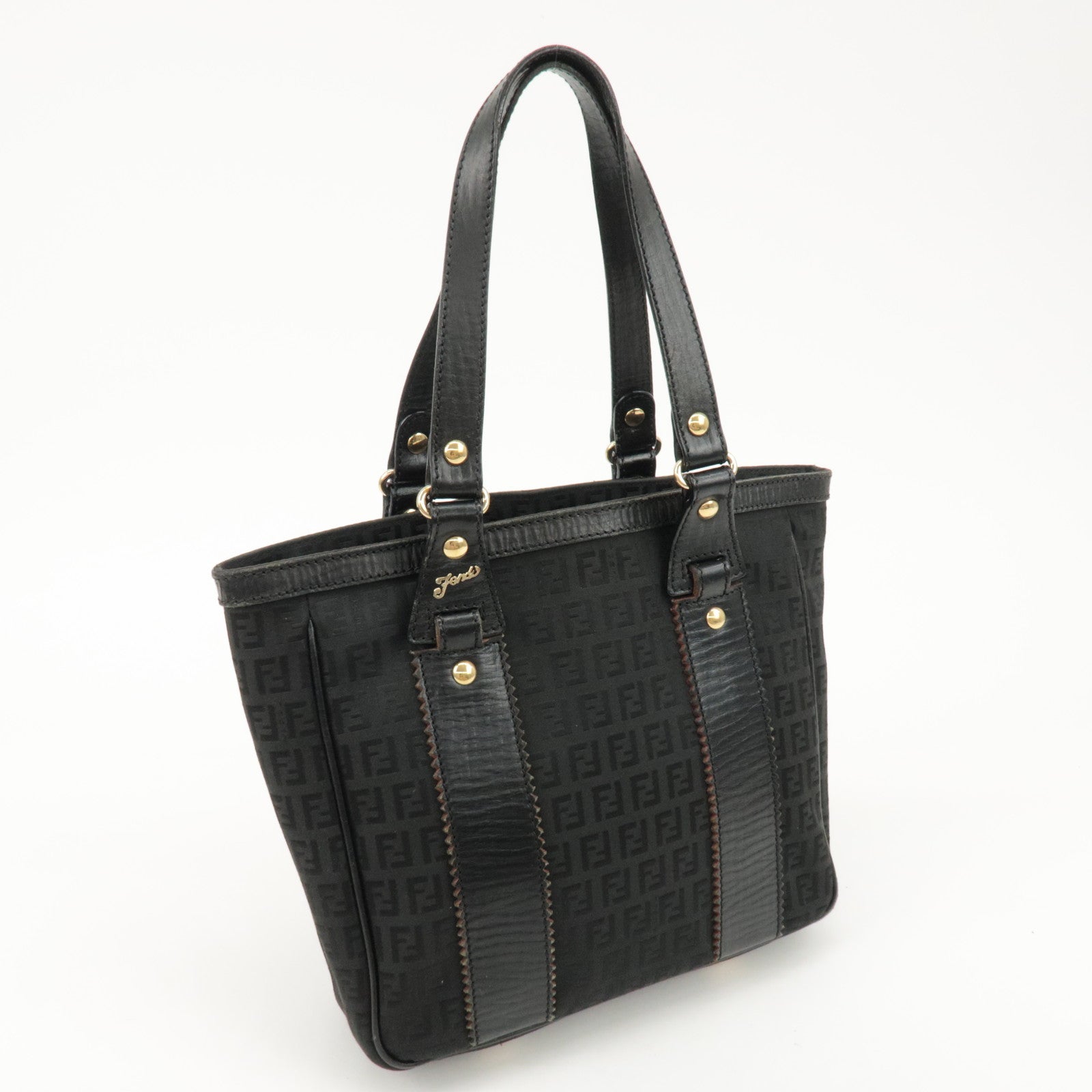 FENDI Zucchino Leather Canvas Tote Bag Hand Bag Black 8BH161 Used