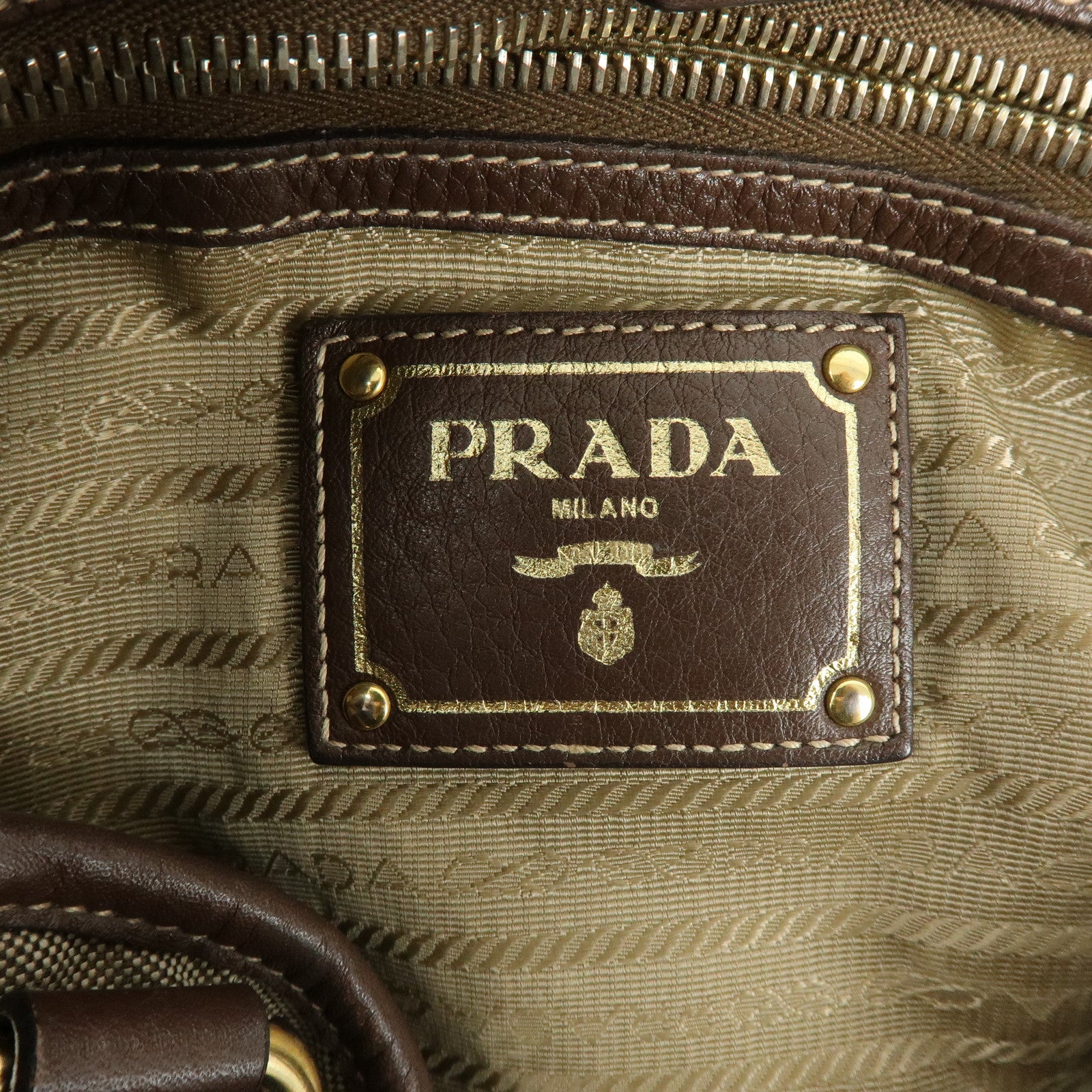 PRADA Logo Jacquard Leather Tote Bag Hand Bag Beige Brown