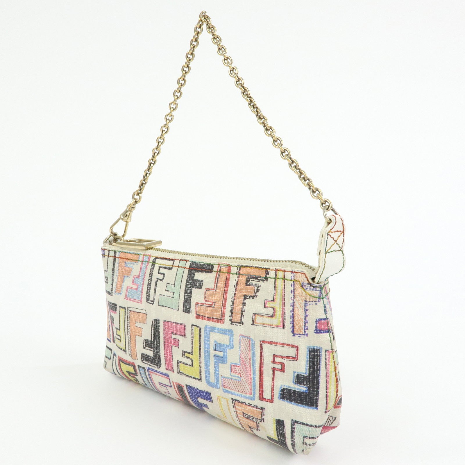 FENDI Zucca Print PVC Chain Accessory Pouch White Multicolor 8BR592