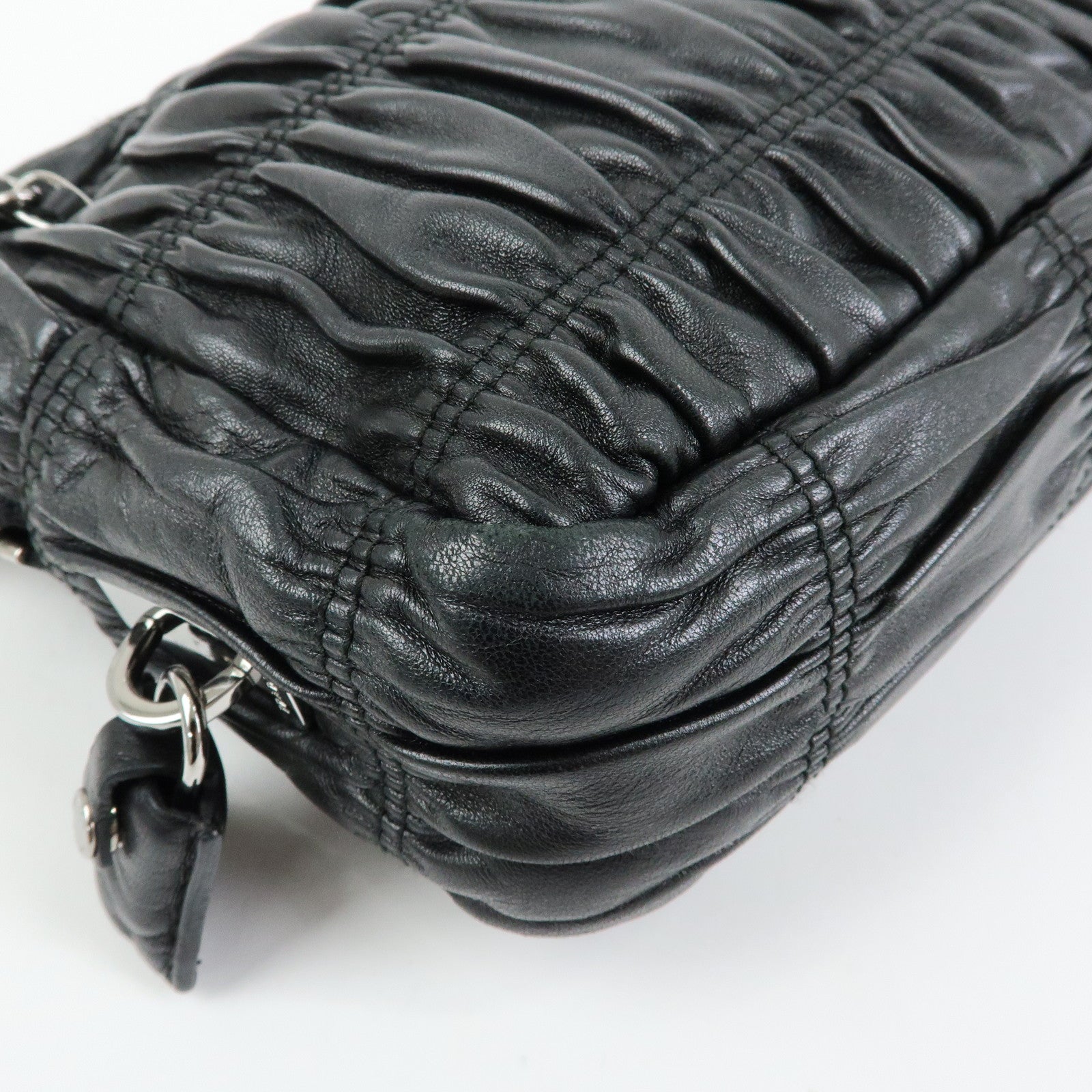 PRADA Logo Nappa Leather Gathered Chain Shoulder Bag Black