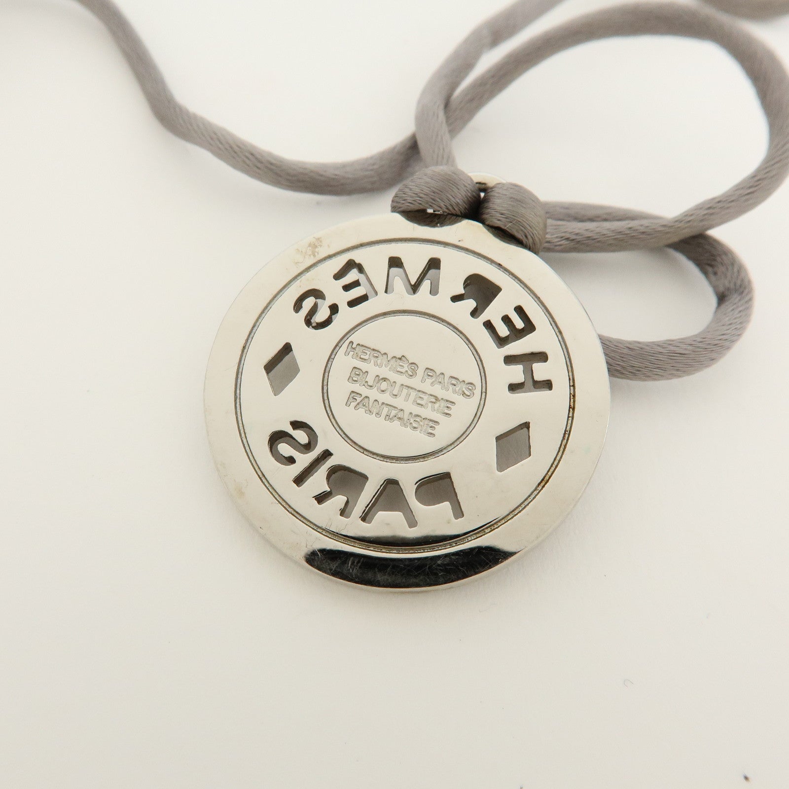 HERMES Serie Silk Cord Metal Necklace Pendant Silver Gray