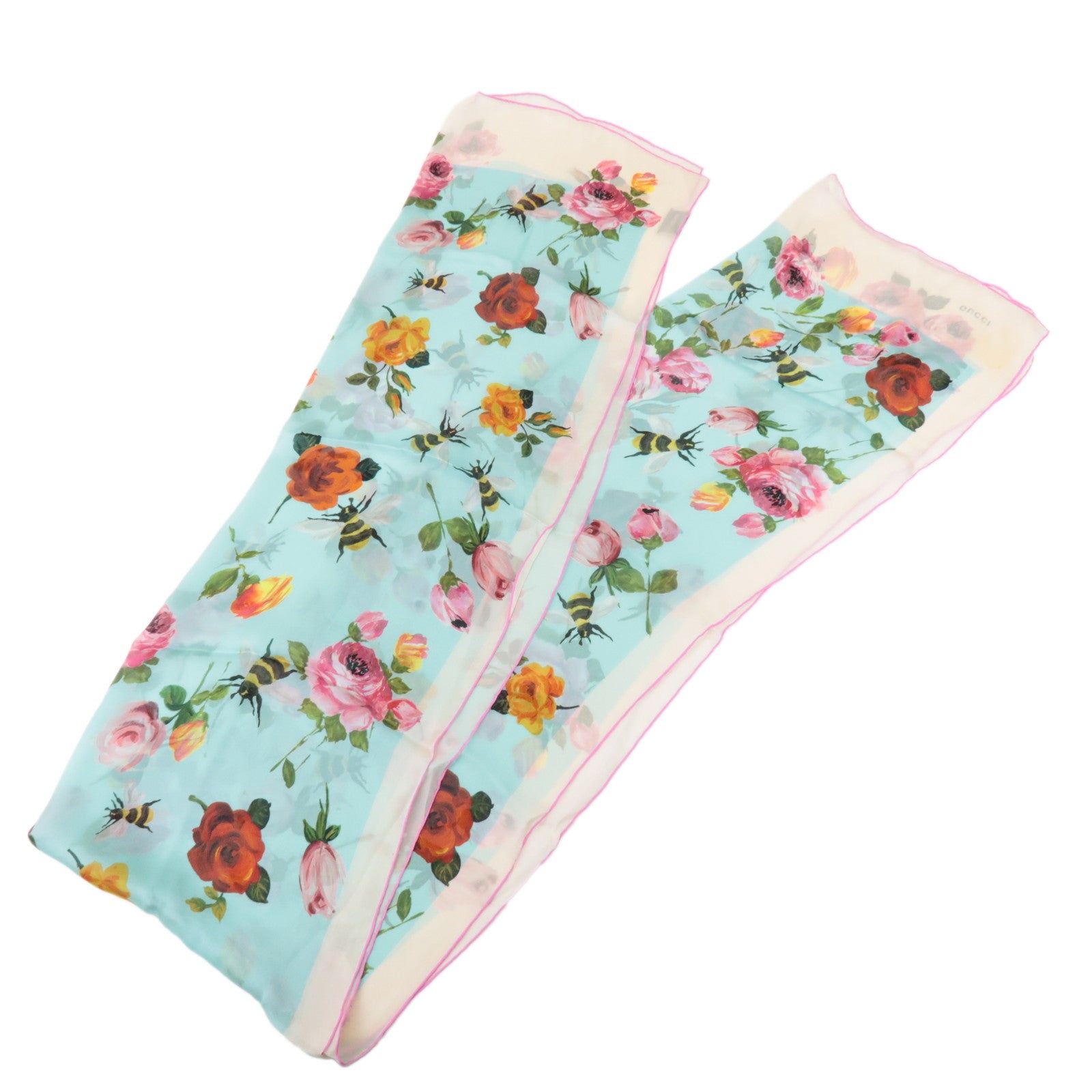 GUCCI Silk 100% 64 ×192 Floral Honey Bee Print Scarf Blue