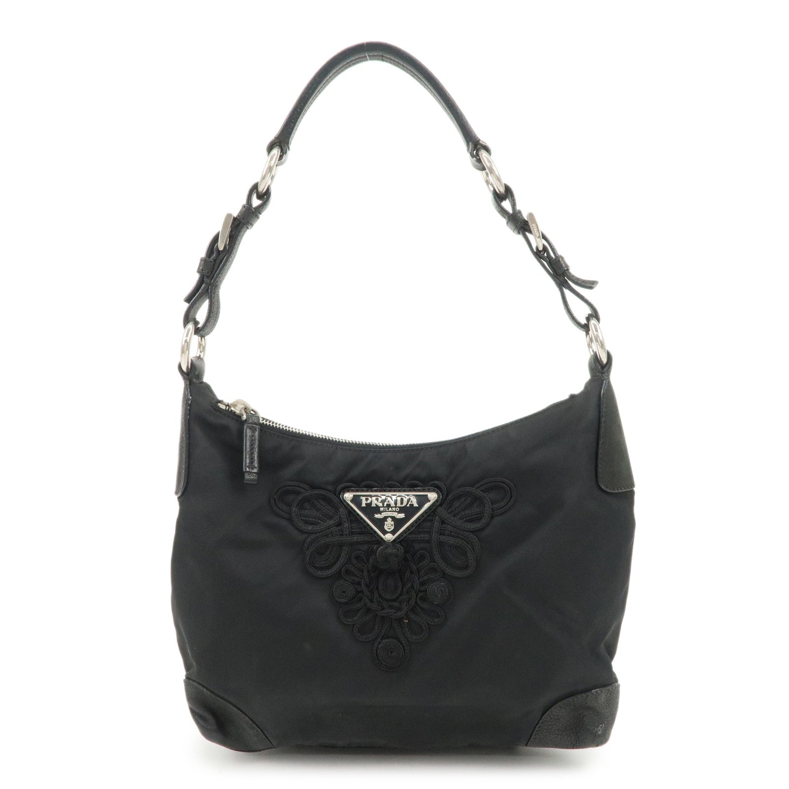 PRADA Triangle Logo Leather Nylon Shoulder Bag Hand Bag Black Used