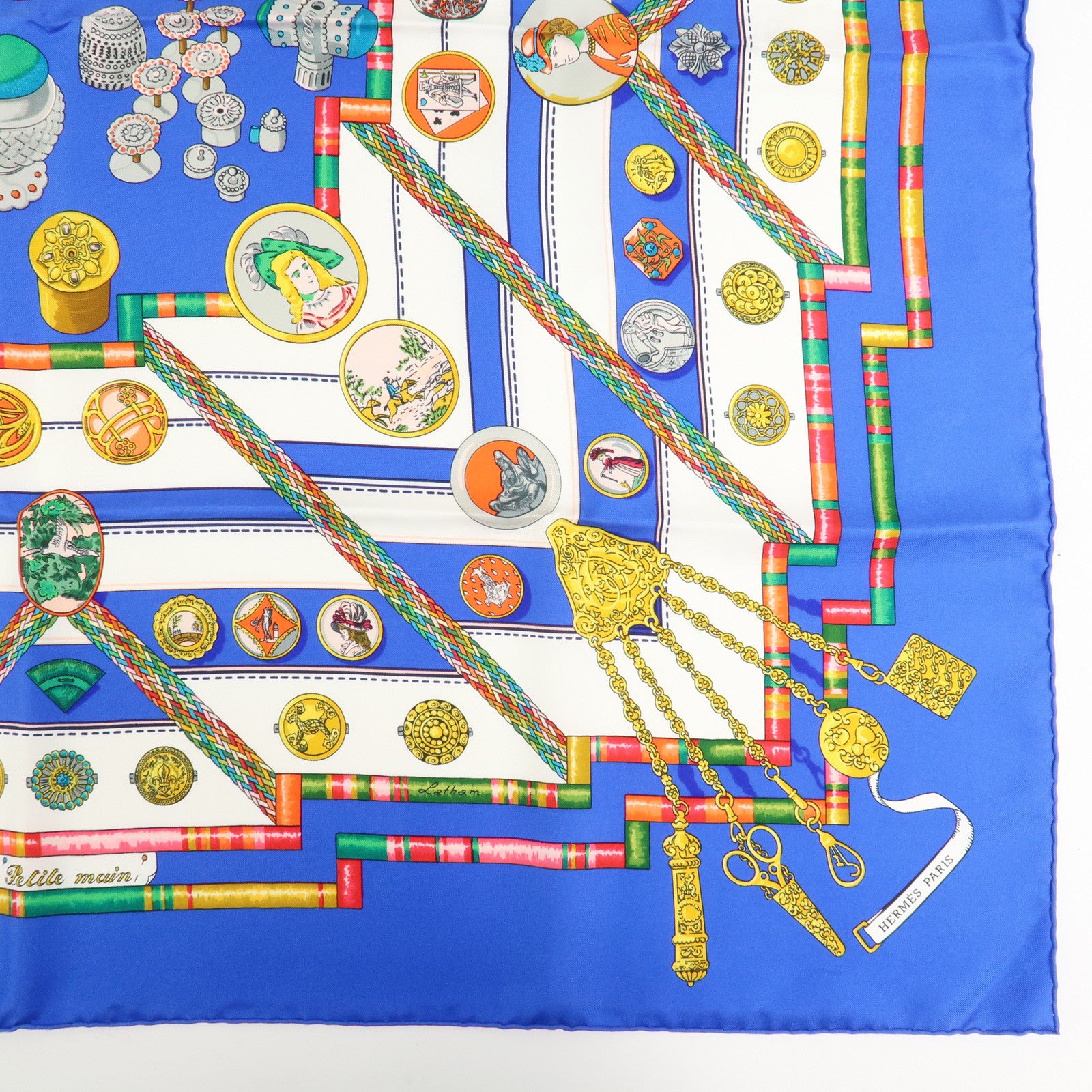 HERMES Carre 90 Silk 100% Scarf Petite main Blue White