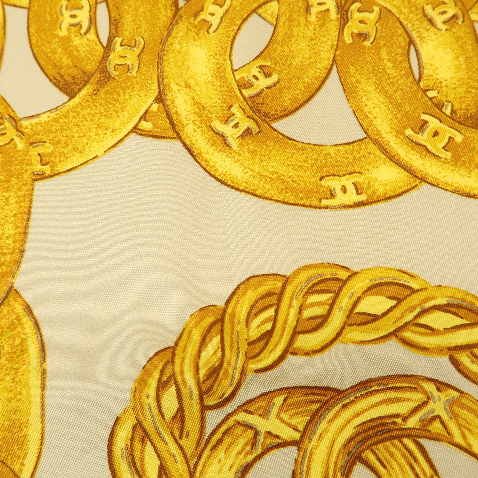 CHANEL COCO Mark Silk 100% Scarf Chain Pattern Yellow Beige