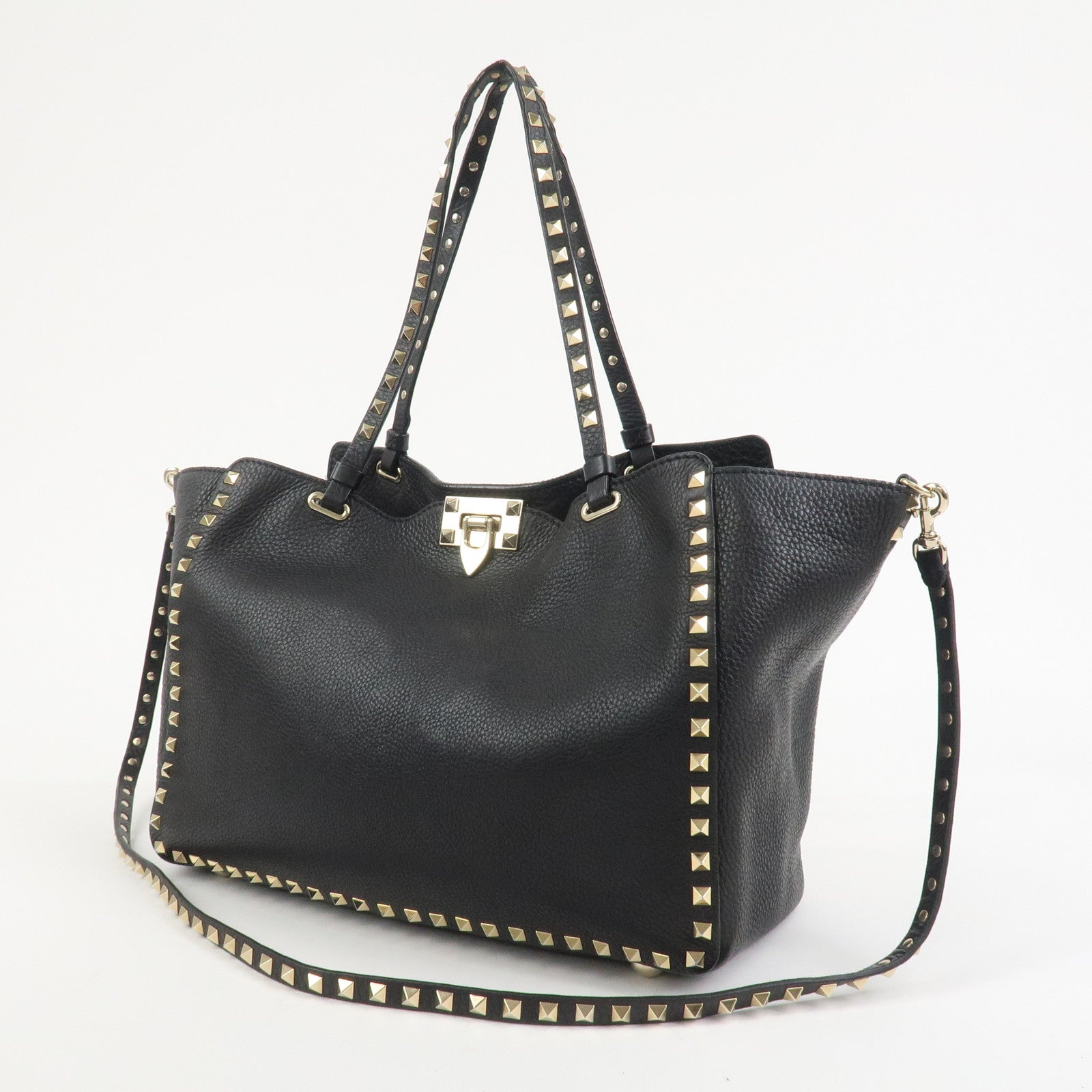 VALENTINO Rockstud Leather Tote Bag Hand Bag Shoulder Bag Black