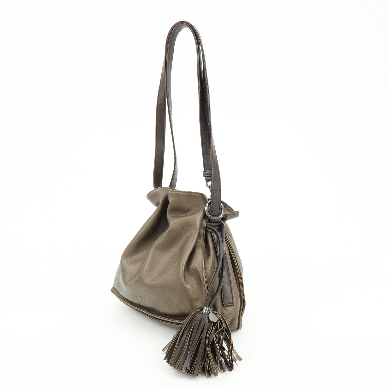 LOEWE Anagram Nappa Leather Drawstring Fringe Shoulder Bag Brown