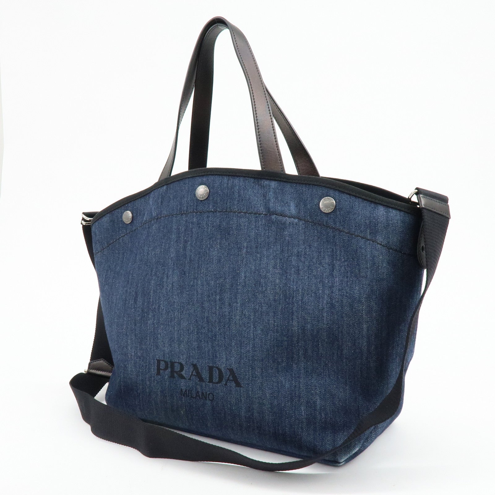 PRADA Logo Denim 2Way Bag Hand Bag Shoulder Bag Navy 1BG244