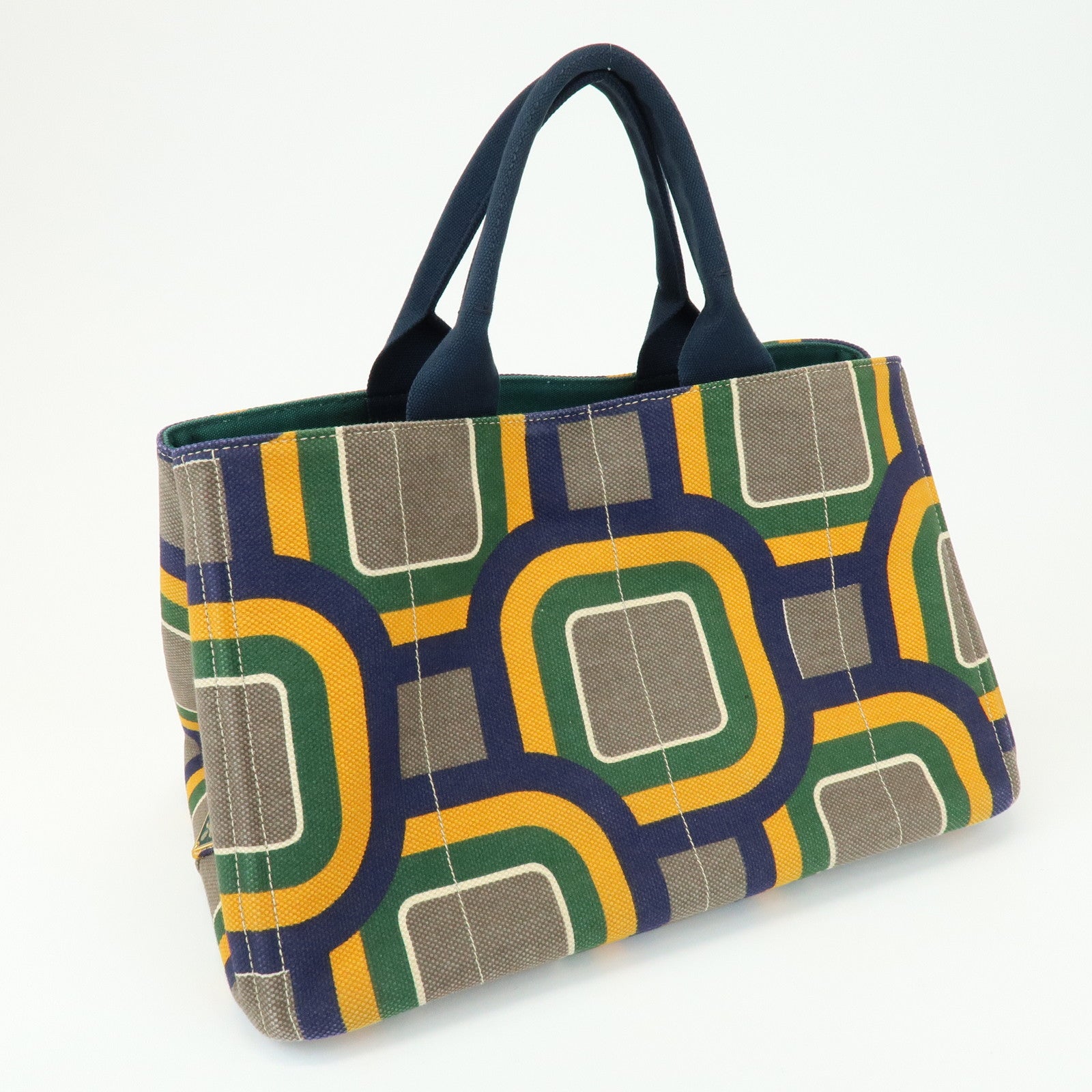 PRADA Canapa Large Tote Bag Hand Bag Green Yellow Navy BN1872