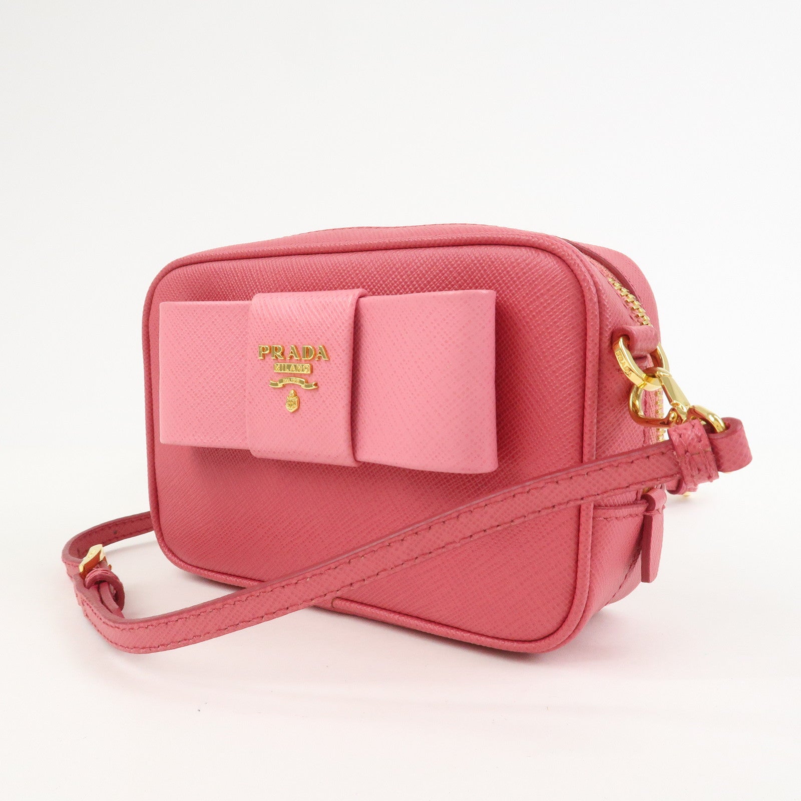 PRADA Saffiano Leather Ribbon Mini Camera Shoulder Bag Pink 1N1674