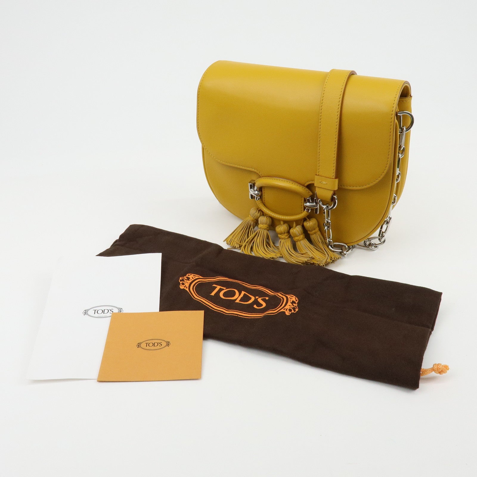 TOD'S Double T Tassel Leather Shoulder Bag Crossbody Bag Yellow