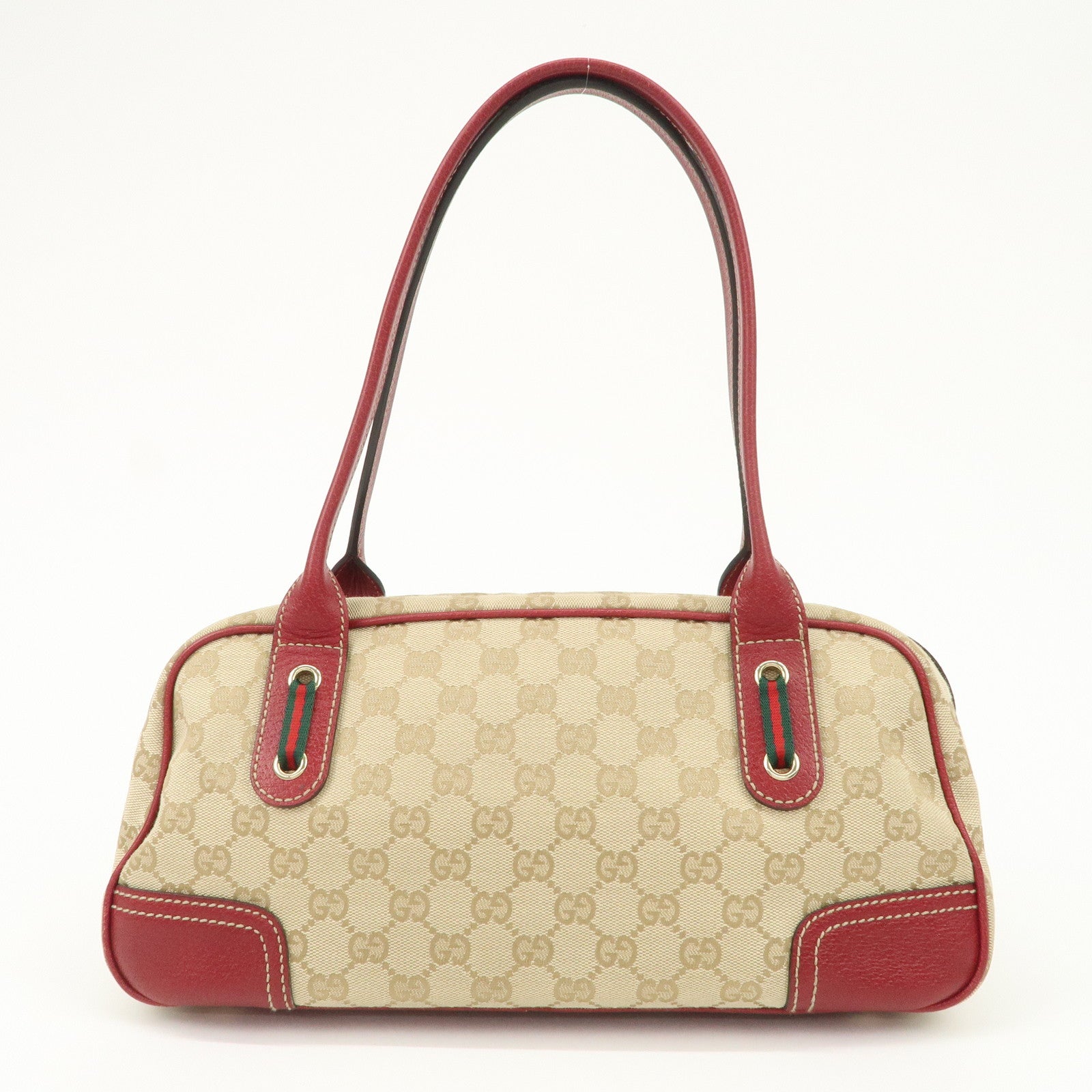 GUCCI Sherry Princy Leather GG Canvas Boston Bag Beige Red 161720