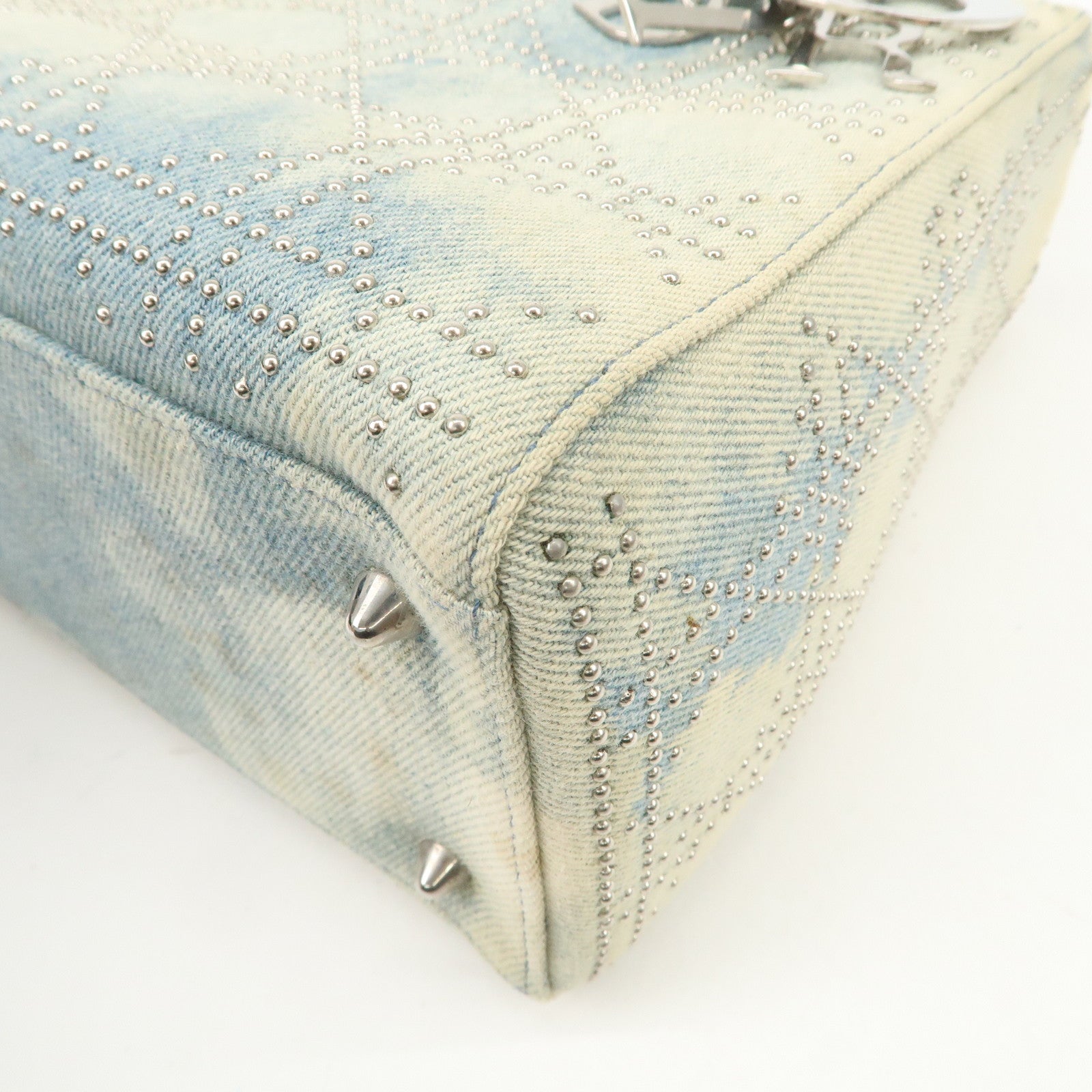Christian Dior Cannage Leather Denim 2 Way Tote Bag Studs Beige Blue