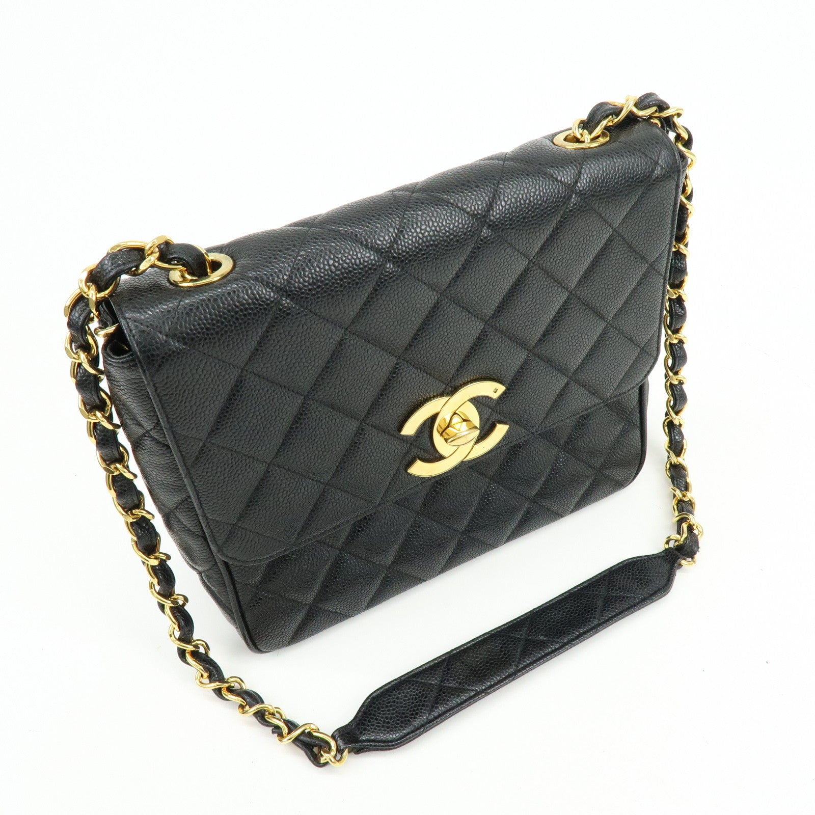CHANEL Matelasse COCO Mark Caviarskin Chain Shoulder Bag Black