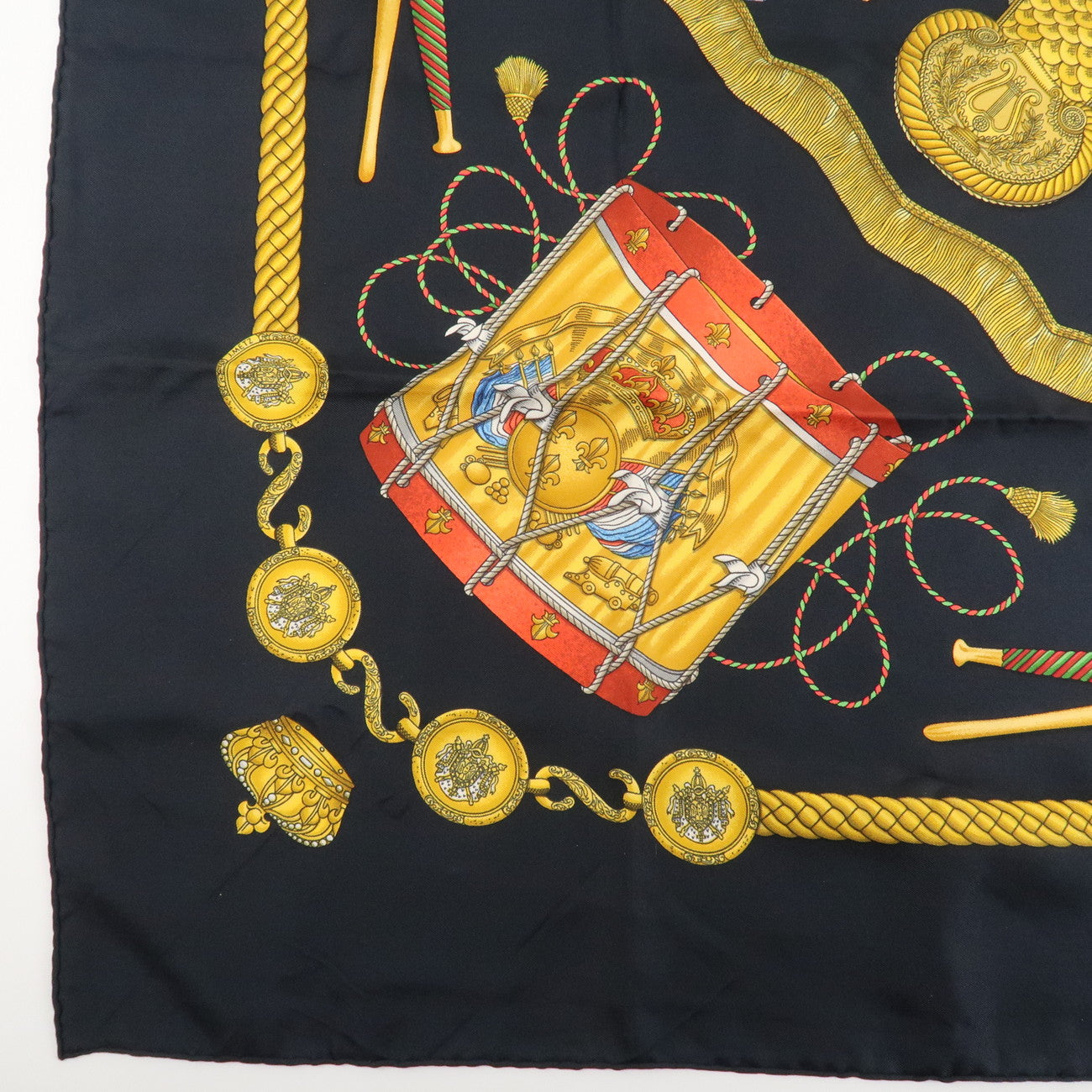 HERMES Carre 90 Silk 100% Scarf LES TAMBOURS Black Multicolor Used