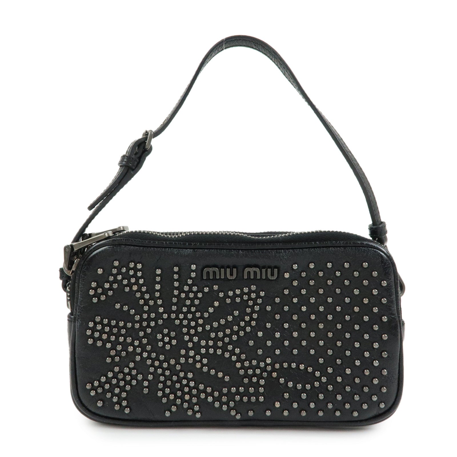 MIU MIU Logo Leather Mini Hand Bag Pouch Studs Black