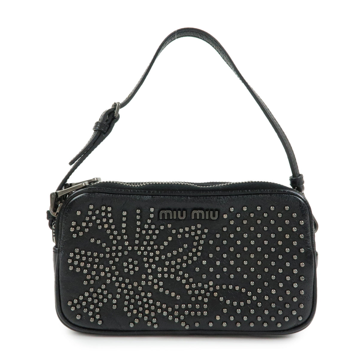 MIU MIU Logo Leather Mini Hand Bag Pouch Studs Black
