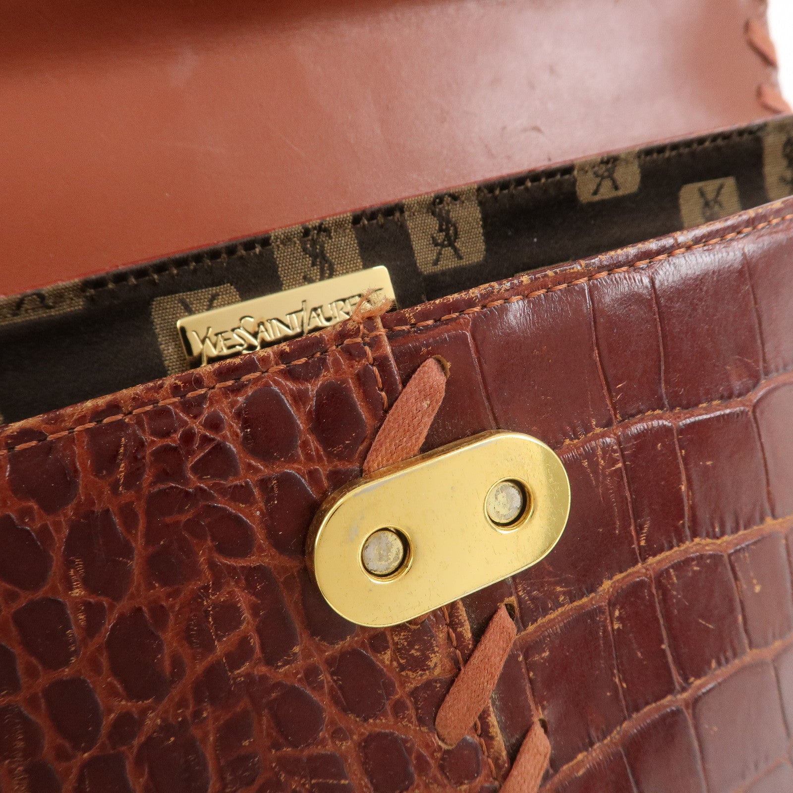 SAINT LAURENT PARIS Embossed Leather Hand Bag Red Brown