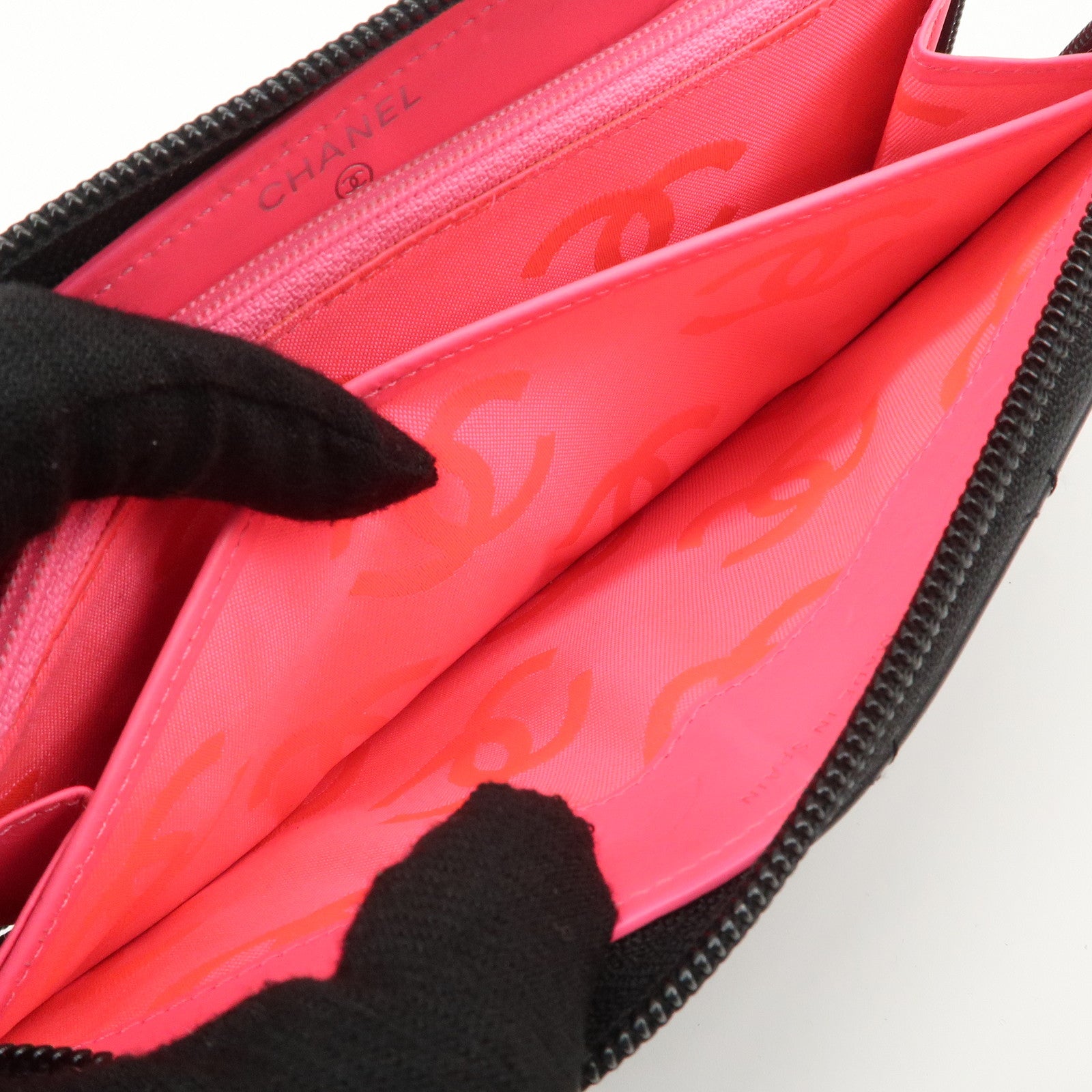 CHANEL Cambon Line Lamb Skin Round Zippy Long Wallet Black A50078 Used