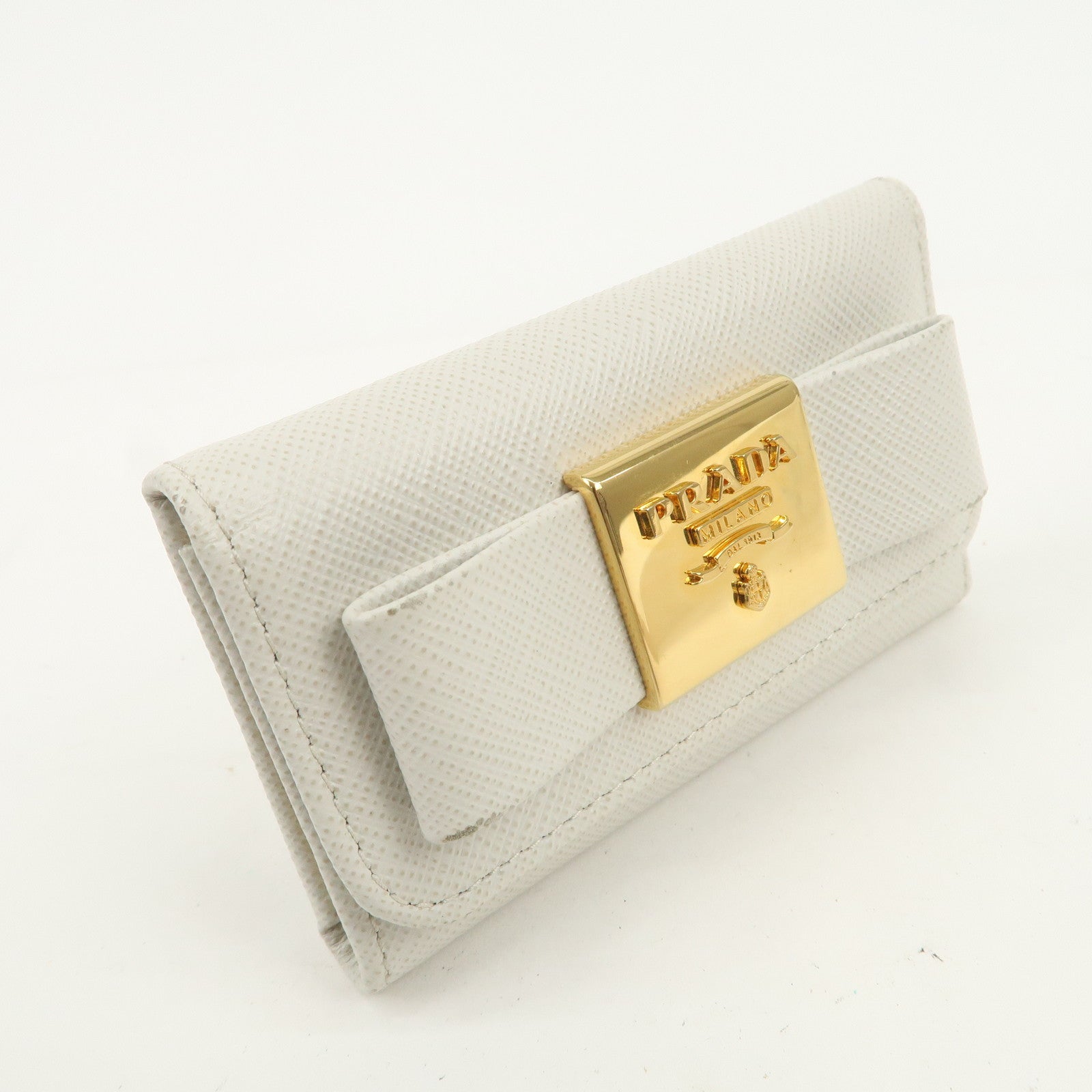 PRADA Ribbon Saffiano Leather Key Case Key Holder White