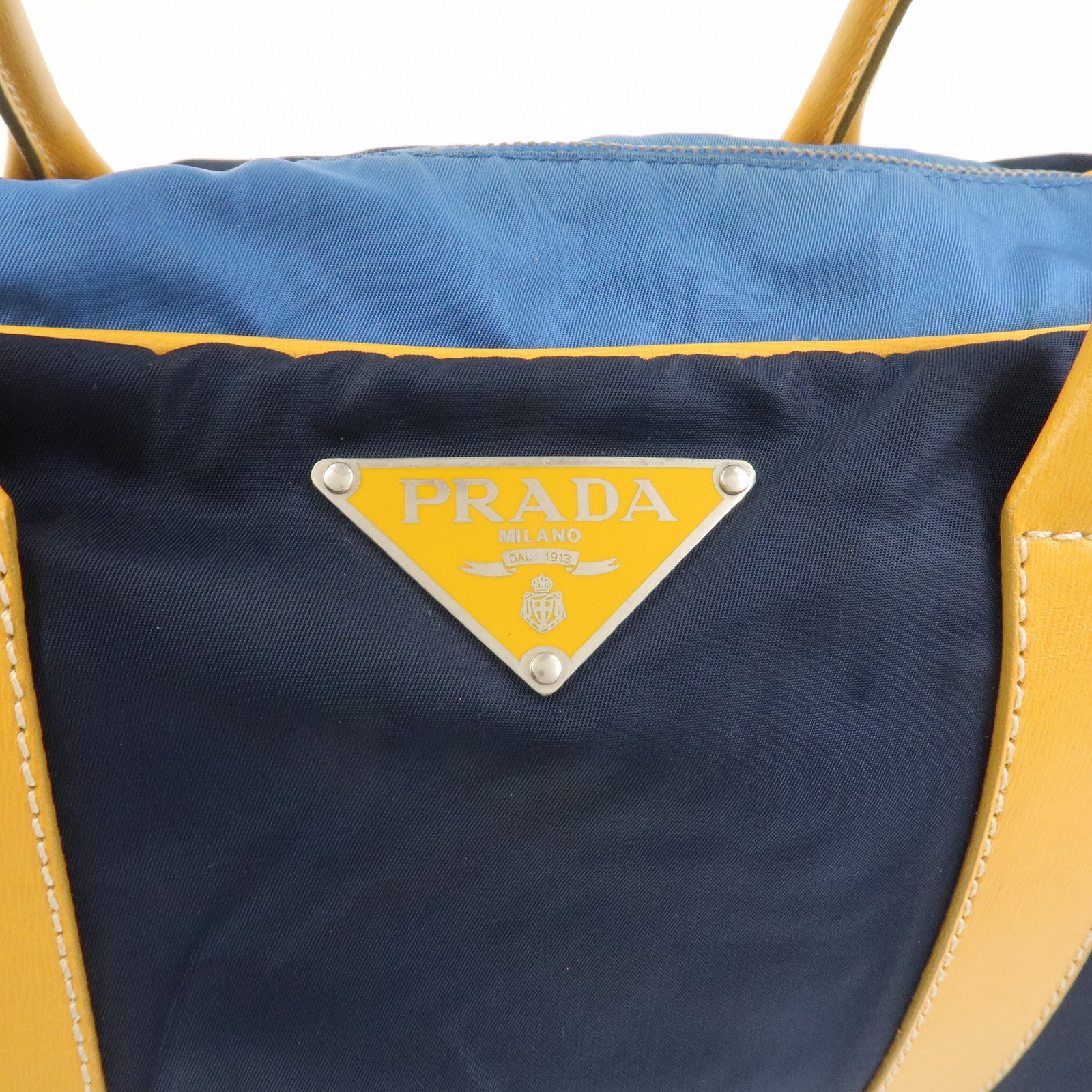 PRADA Triangle Logo Nylon Leather Shoulder Bag Hand Bag Navy Yellow
