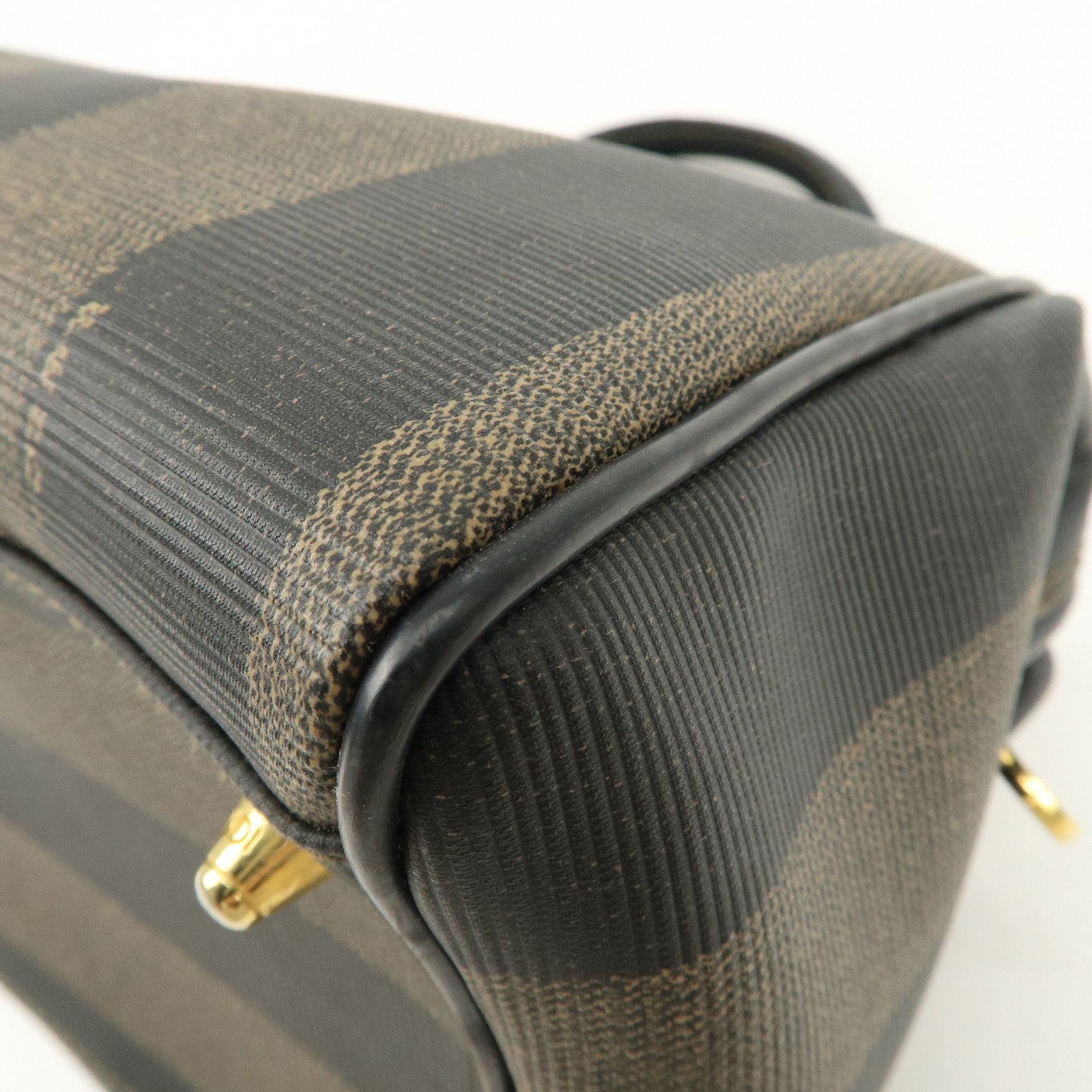 FENDI Pequin PVC Canvas Hand Bag Boston Bag Black Brown Used