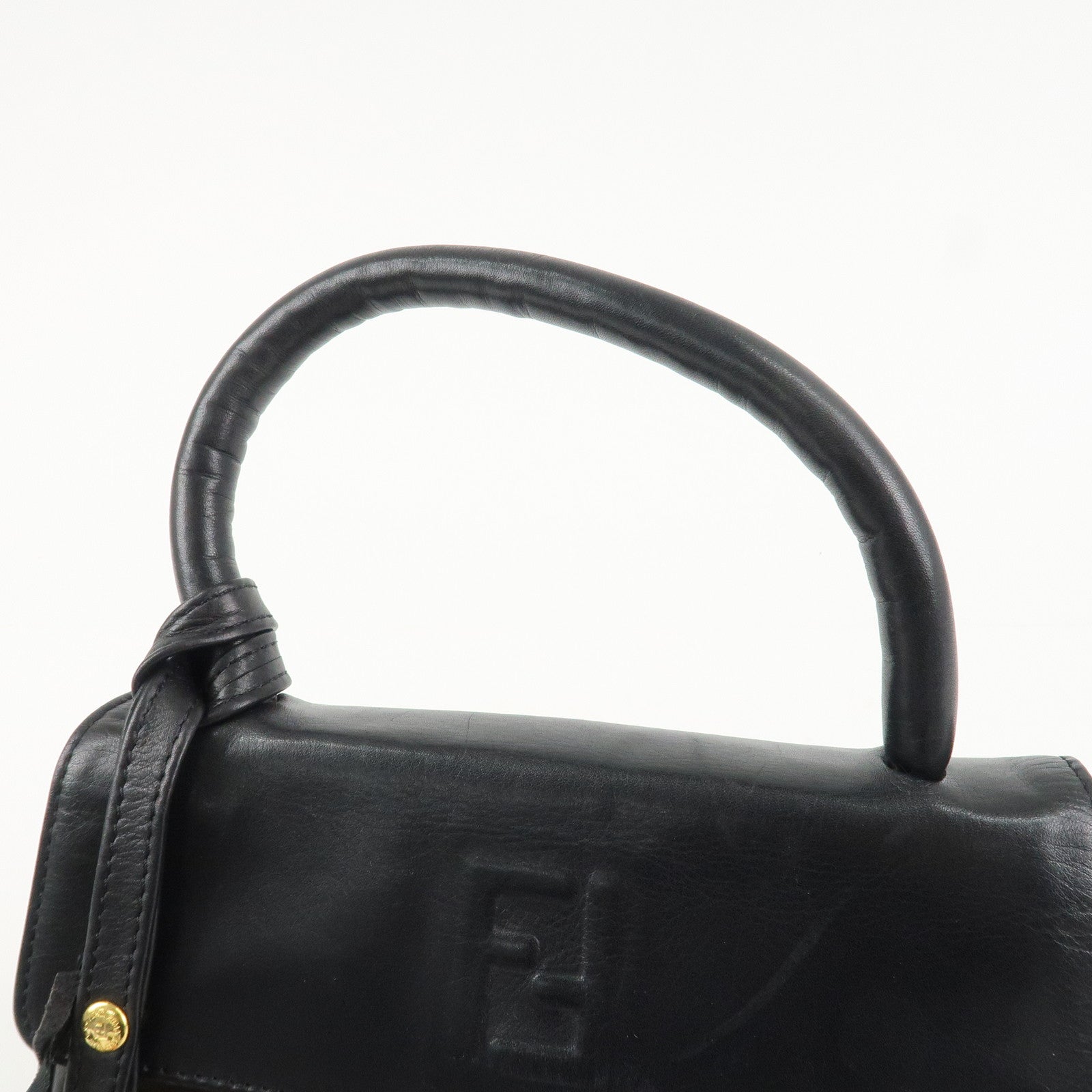 FENDI Leather Hand Bag Tassel Charm Gold Hardware Black Used