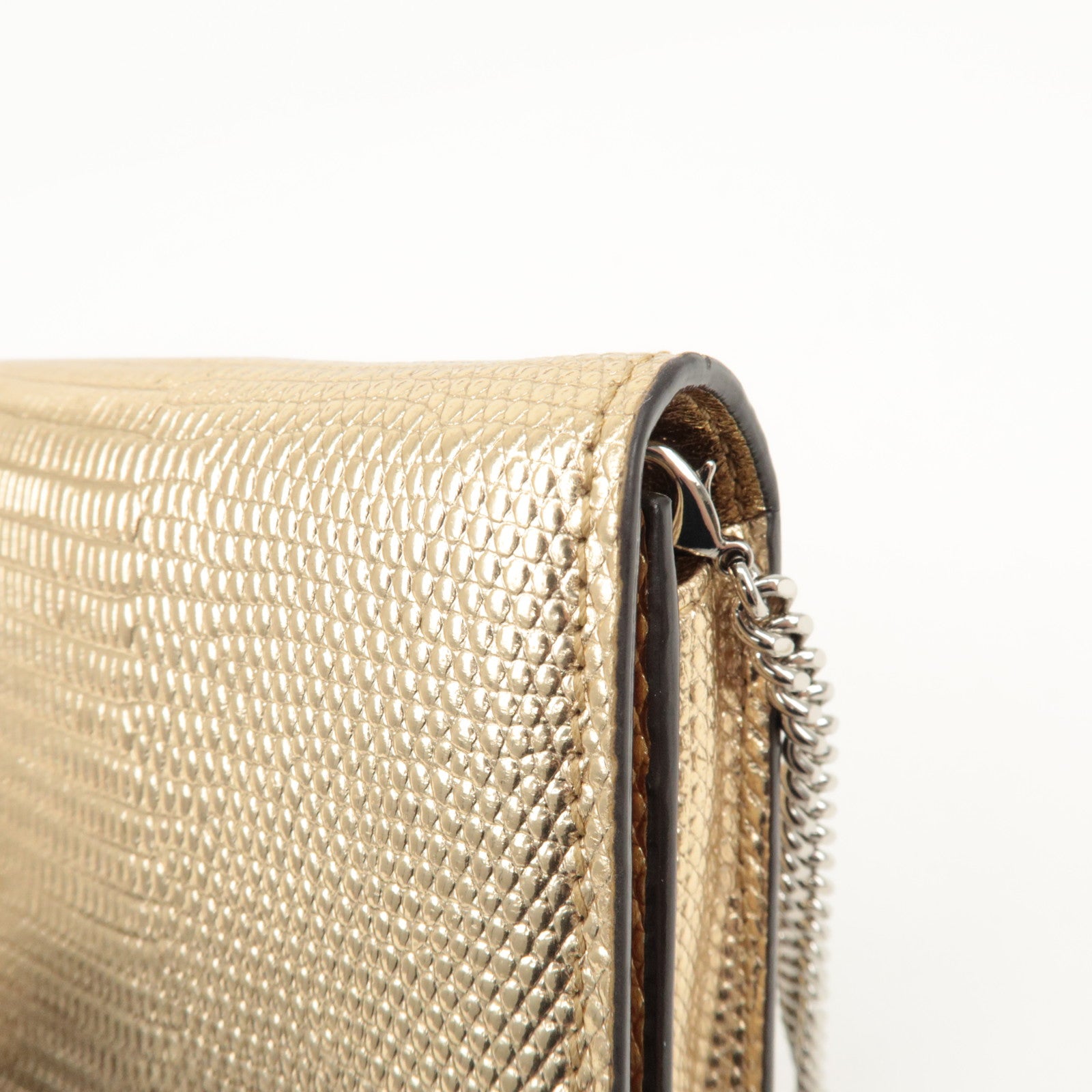 JIMMY CHOO Leather Rhine Stone Chain Wallet Gold Silver HDW Used