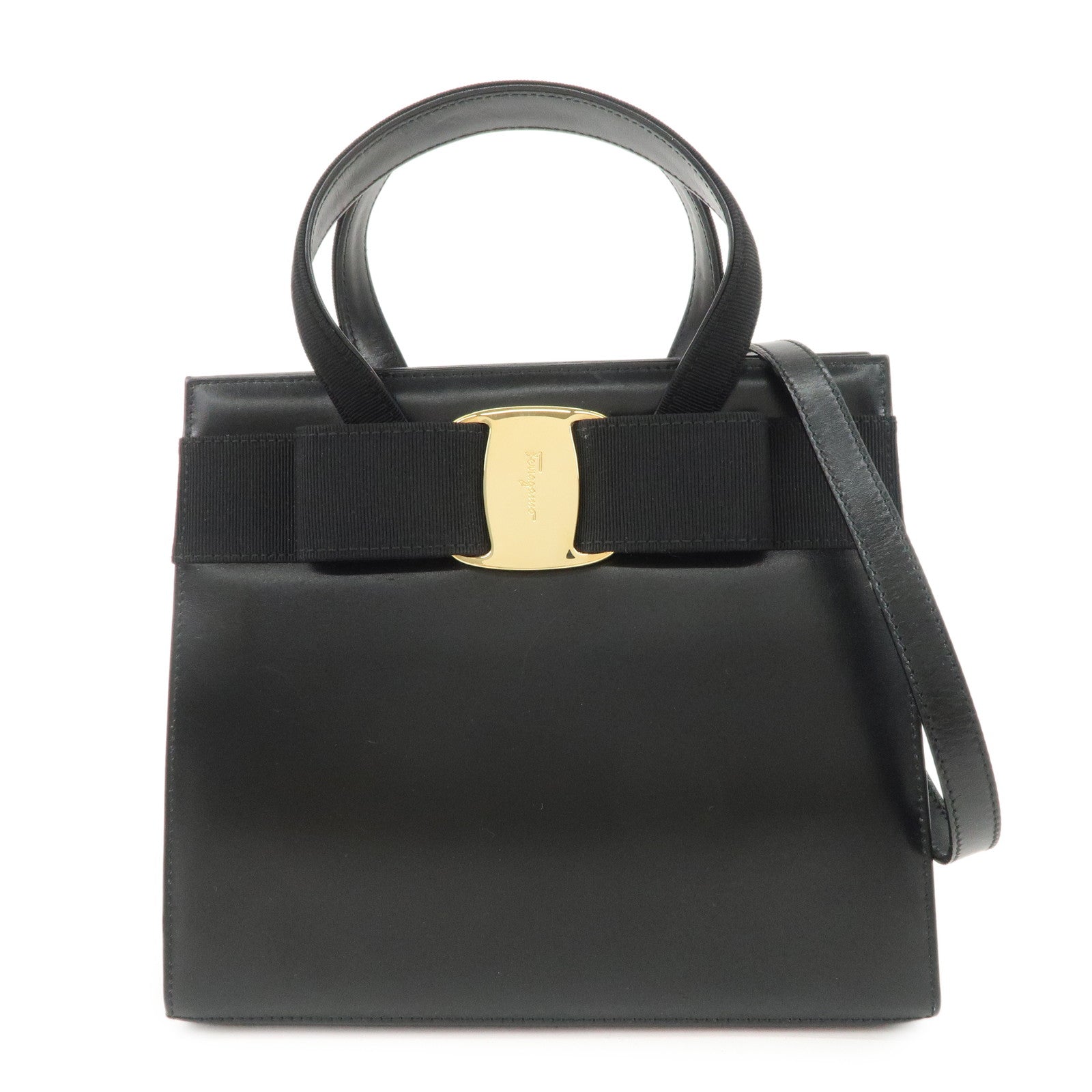 Ferragamo Vara Leather 2Way Hand Bag Shoulder Bag Black Used