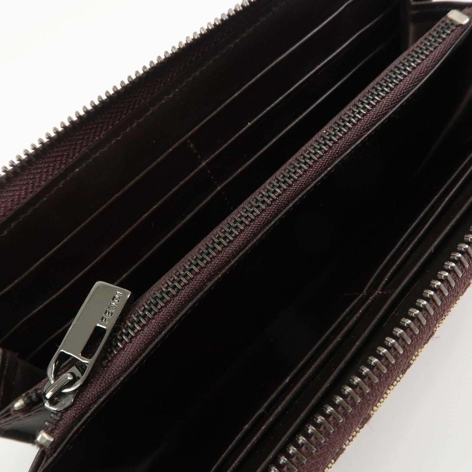 FENDI Zucchino Canvas Leather Round Zippy Long Wallet Brown 8M0024