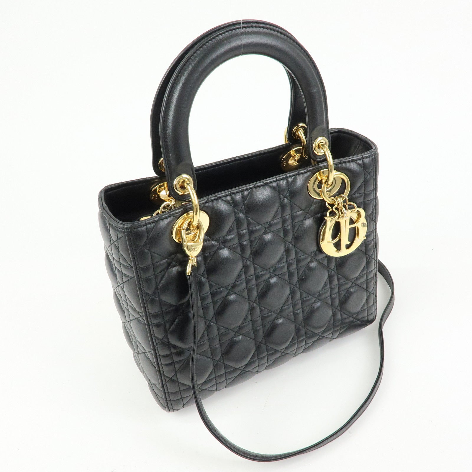 Christian Dior Lady Dior Canage Leather 2Way Bag Hand Bag Black