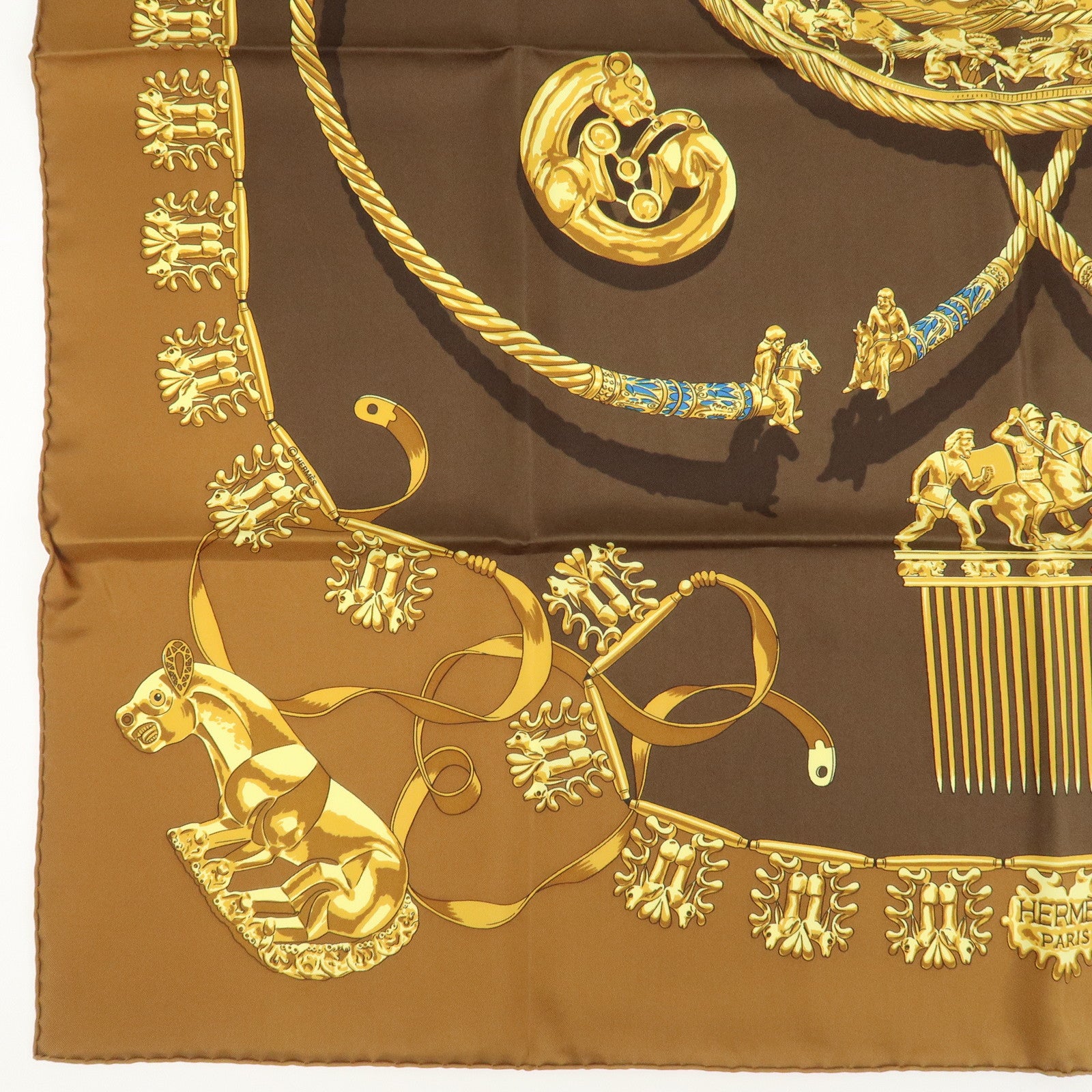 HERMES Carre 90 Silk 100% Scarf LES CAVALIERS D'OR Brown Gold