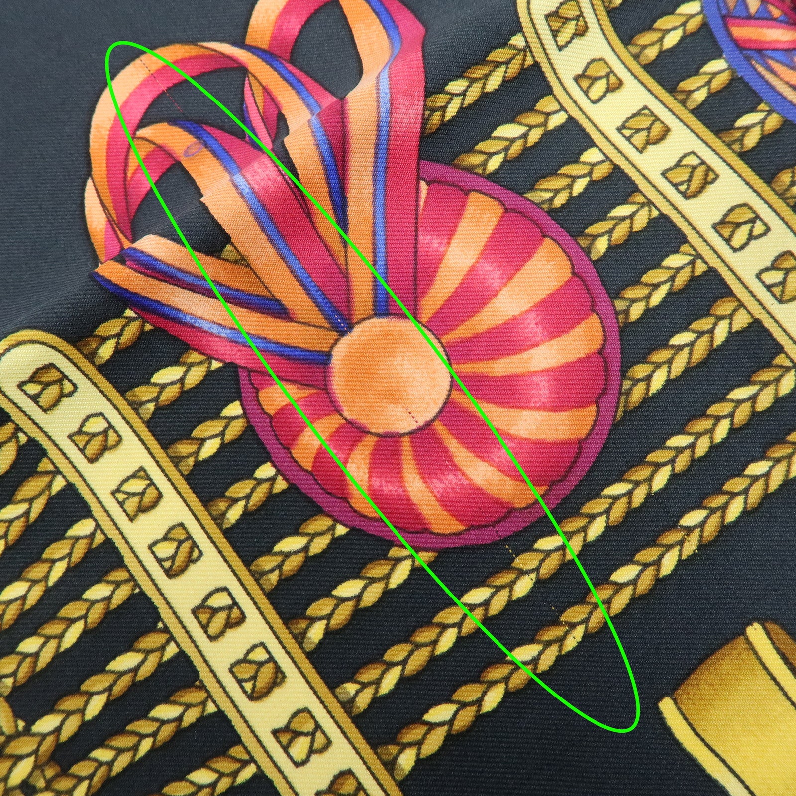 HERMES Carre 90 Silk 100% Scarf LES RUBANS DU CHEVAL Black Gold