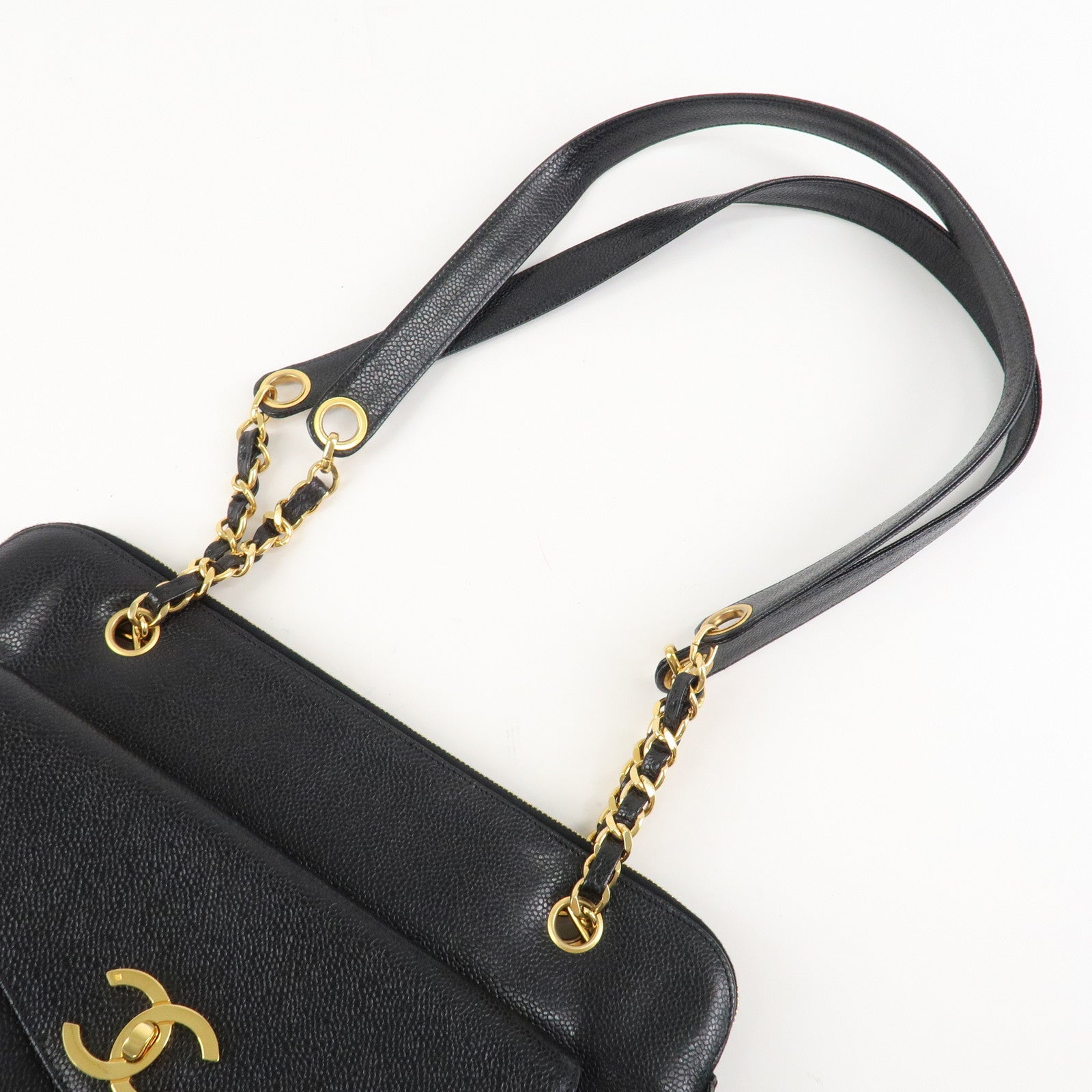 CHANEL Caviarskin COCO Mark Turnlock Chain Shoulder Bag Black Gold HDW Used